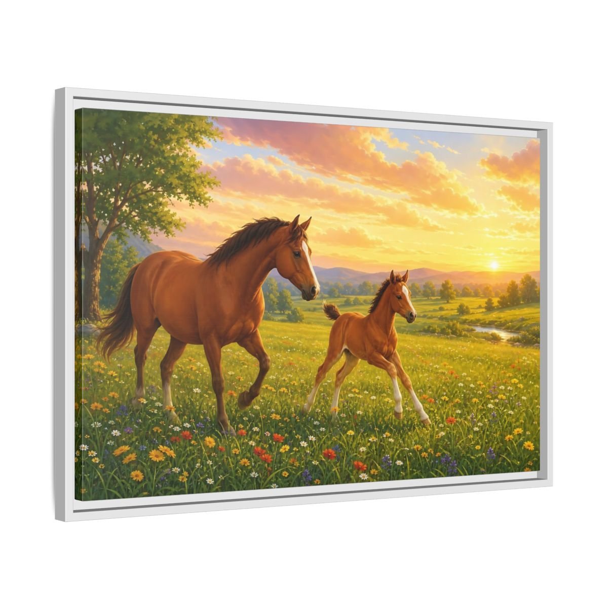 Animals Horses Brown And Gold Framed Canvas Wall Art Print – Realistic Living Room, Above Console Table - YesArtYes