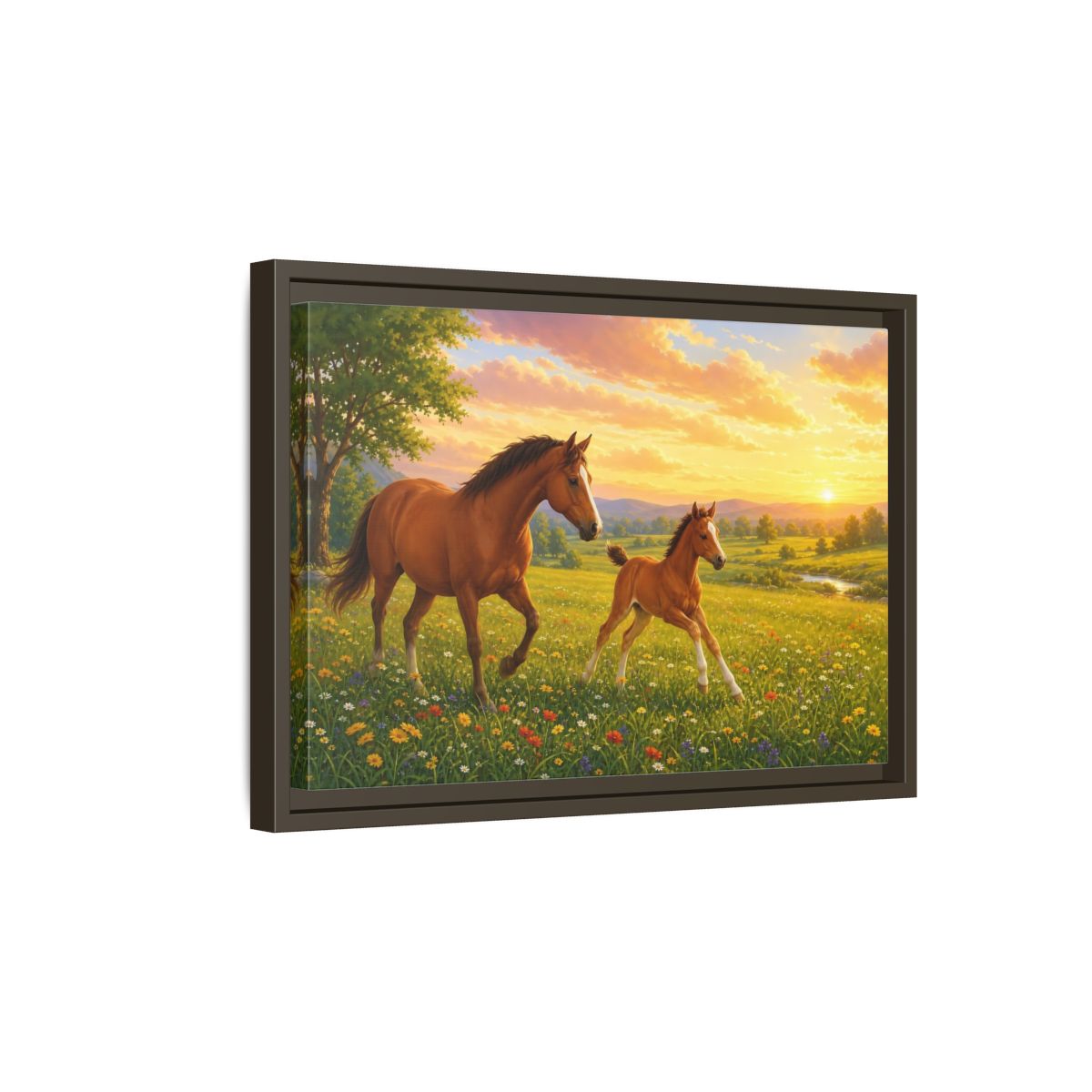 Side Mockup 5. Animals Horses Brown And Gold shown as stretched canvas wall art