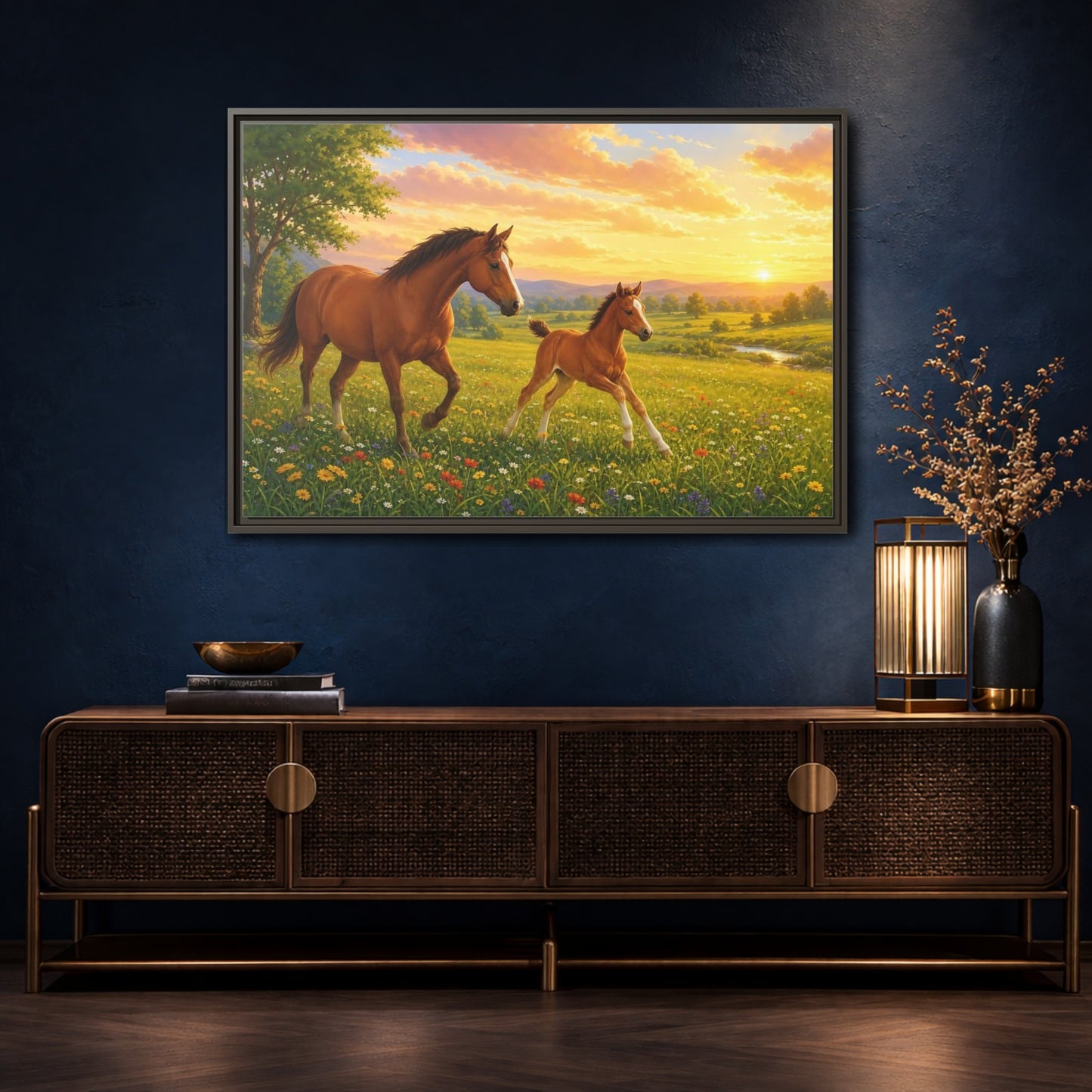Mockup 4. Animals Horses Brown And Gold shown as stretched canvas wall art