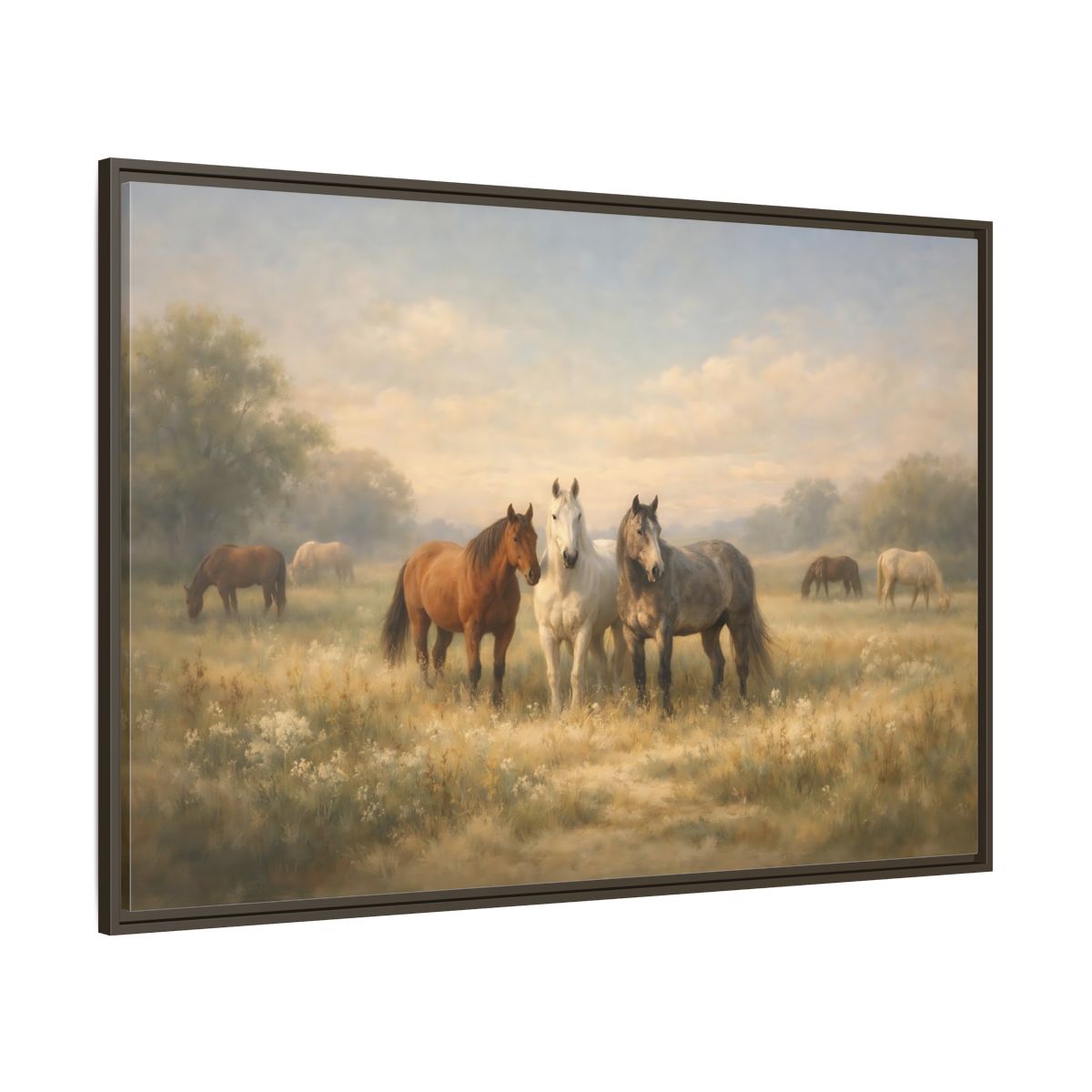 Main Mockup. Animals Horses Brown And Grey shown as stretched canvas wall art