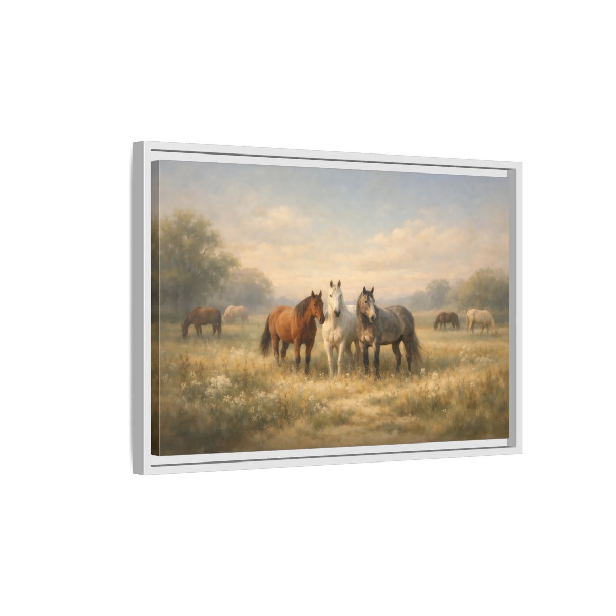 Side Mockup 1. Animals Horses Brown And Grey shown as stretched canvas wall art