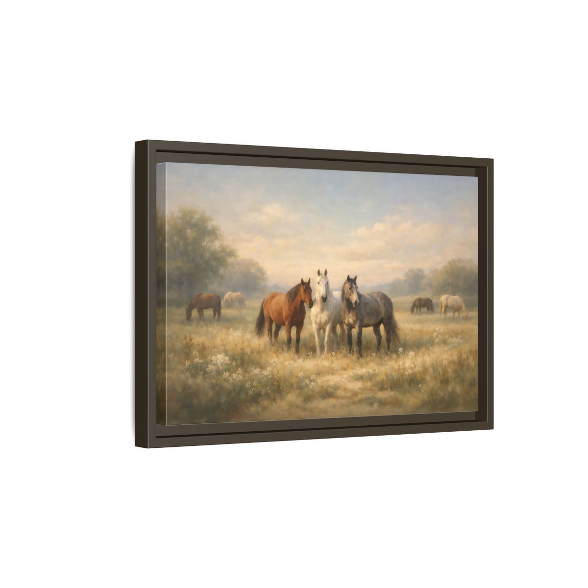 Side Mockup 5. Animals Horses Brown And Grey shown as stretched canvas wall art