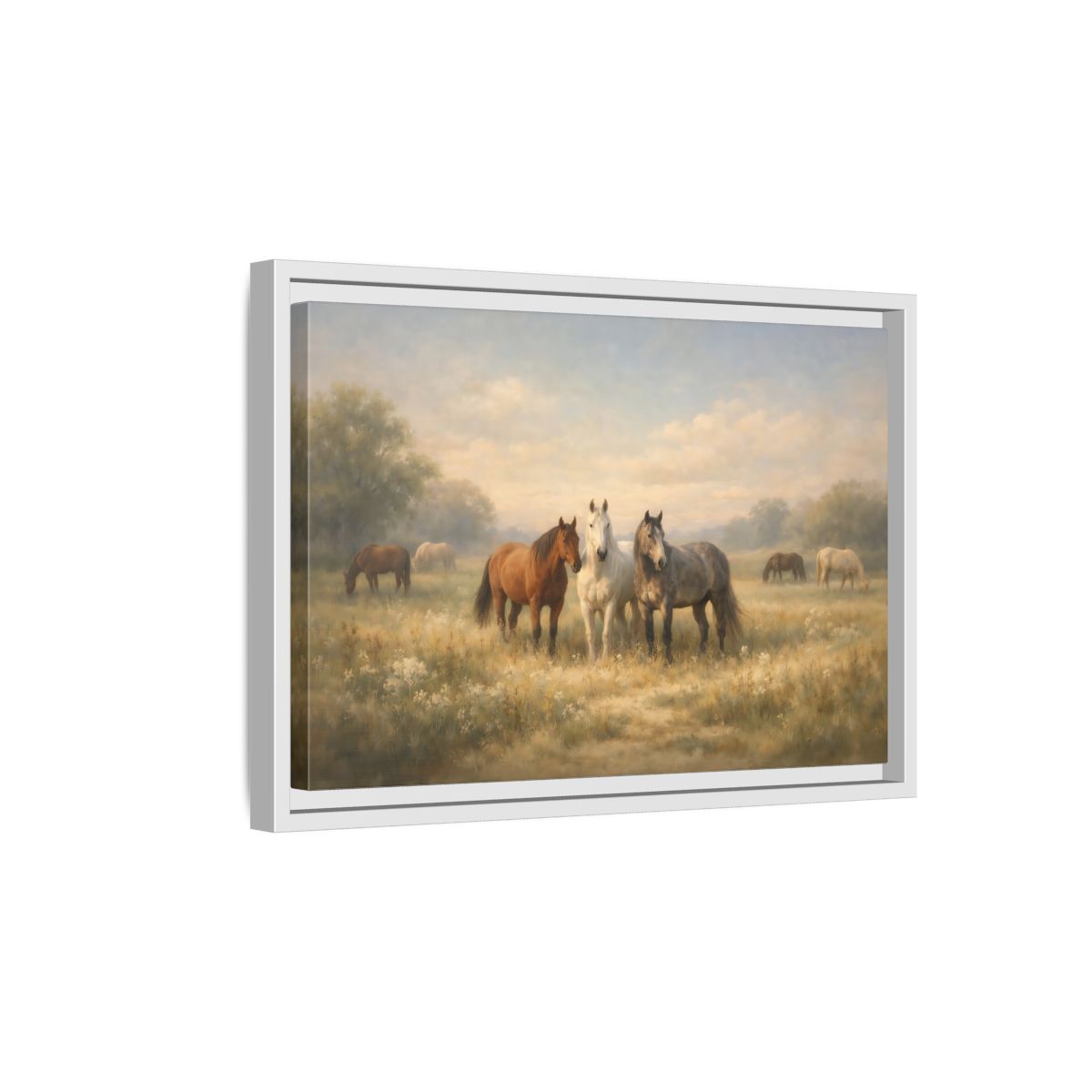 Side Mockup 4. Animals Horses Brown And Grey shown as stretched canvas wall art