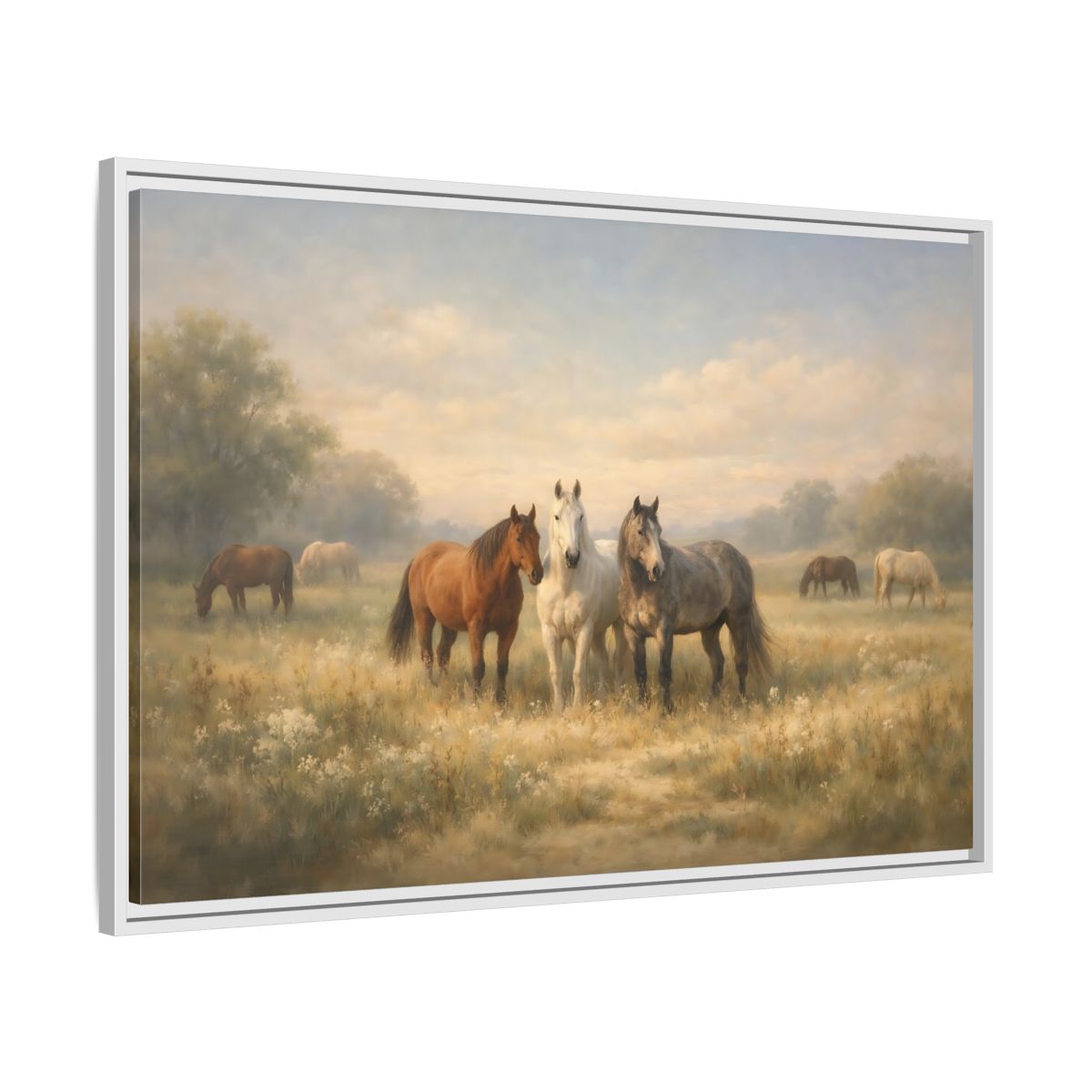 Side Mockup 8. Animals Horses Brown And Grey shown as stretched canvas wall art