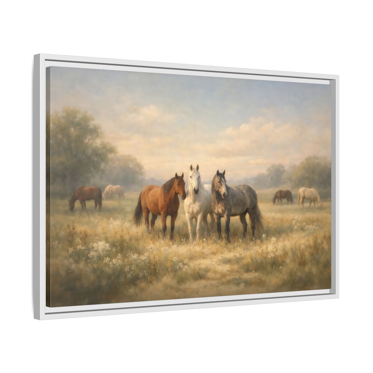 Side Mockup 10. Animals Horses Brown And Grey shown as stretched canvas wall art