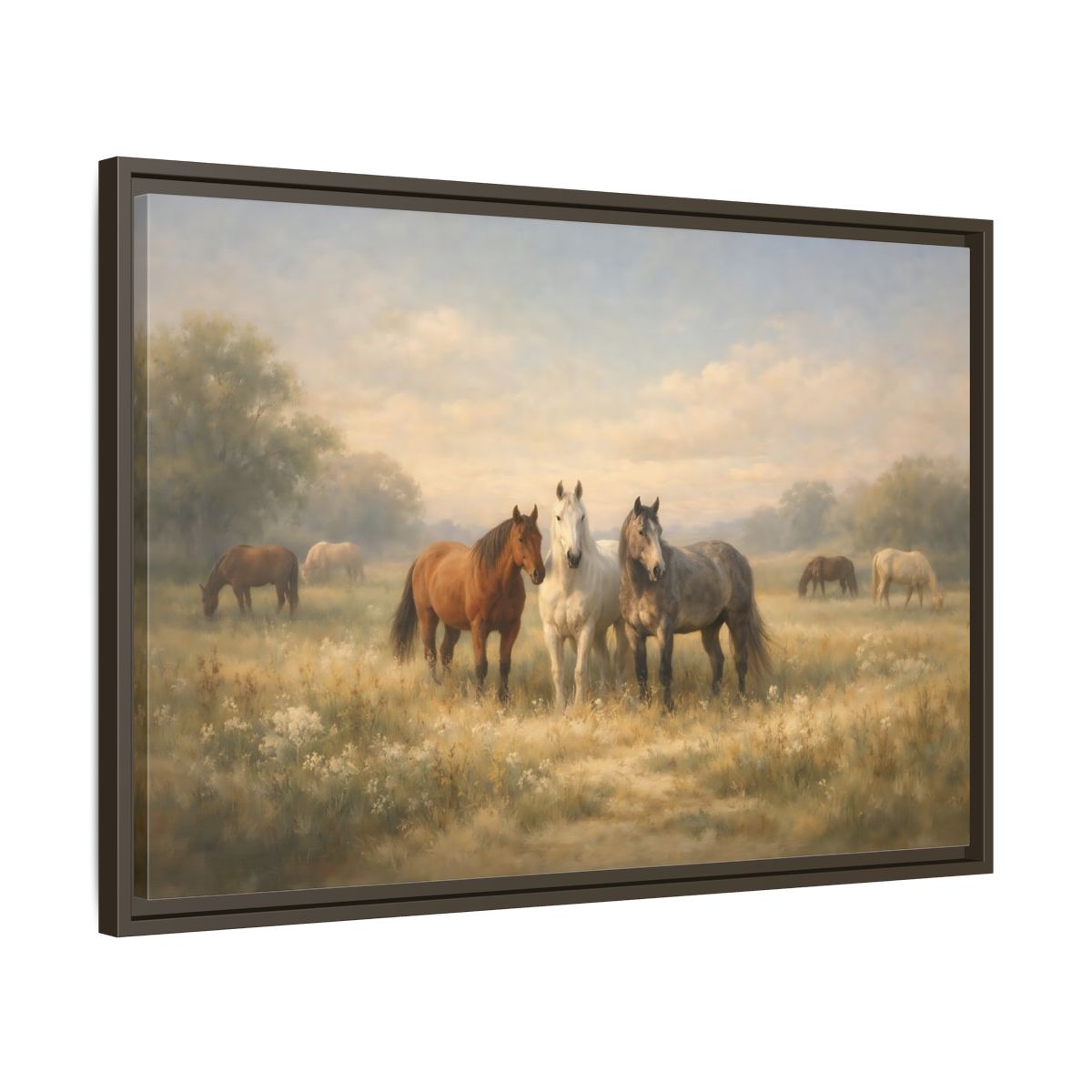 Side Mockup 11. Animals Horses Brown And Grey shown as stretched canvas wall art