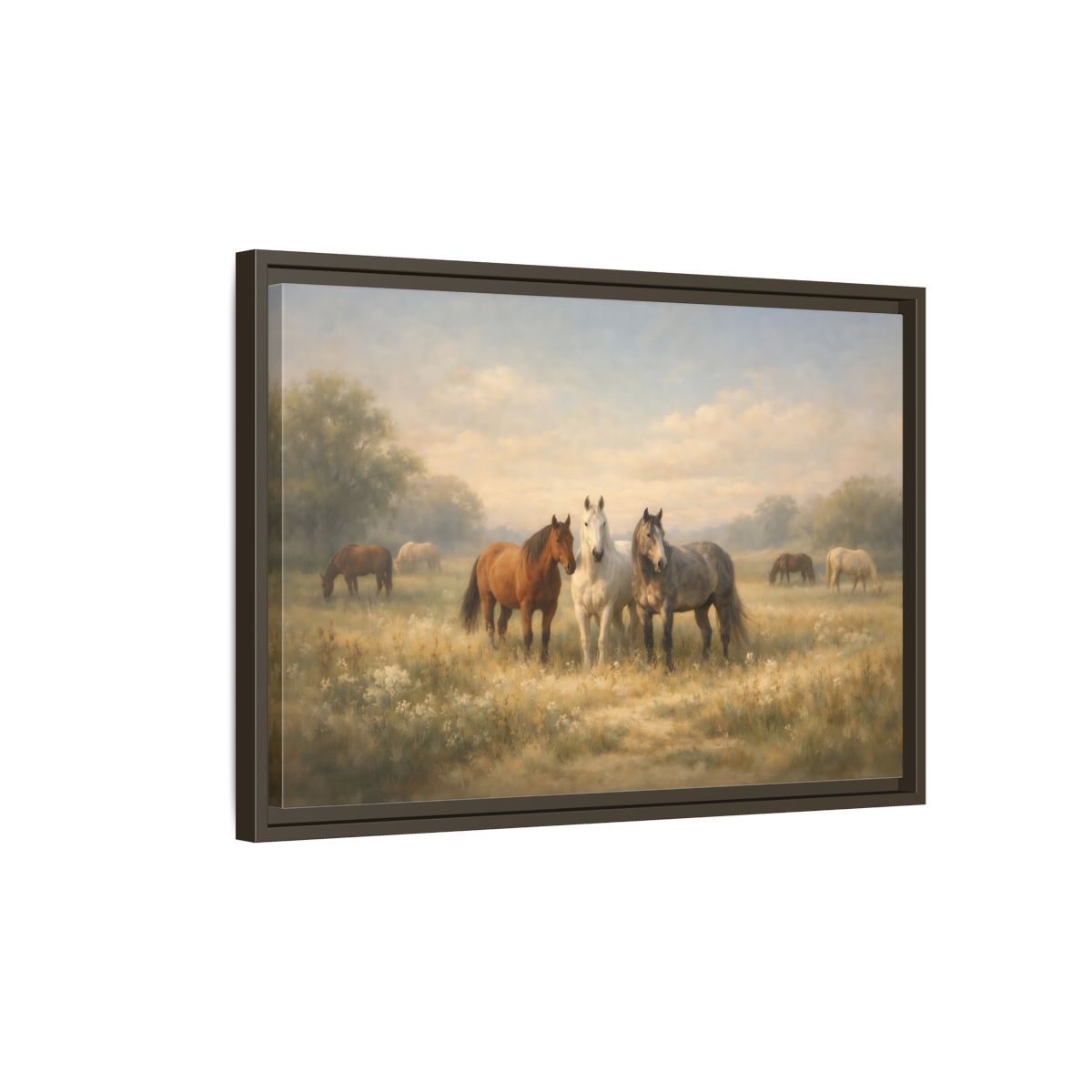 Side Mockup 2. Animals Horses Brown And Grey shown as stretched canvas wall art