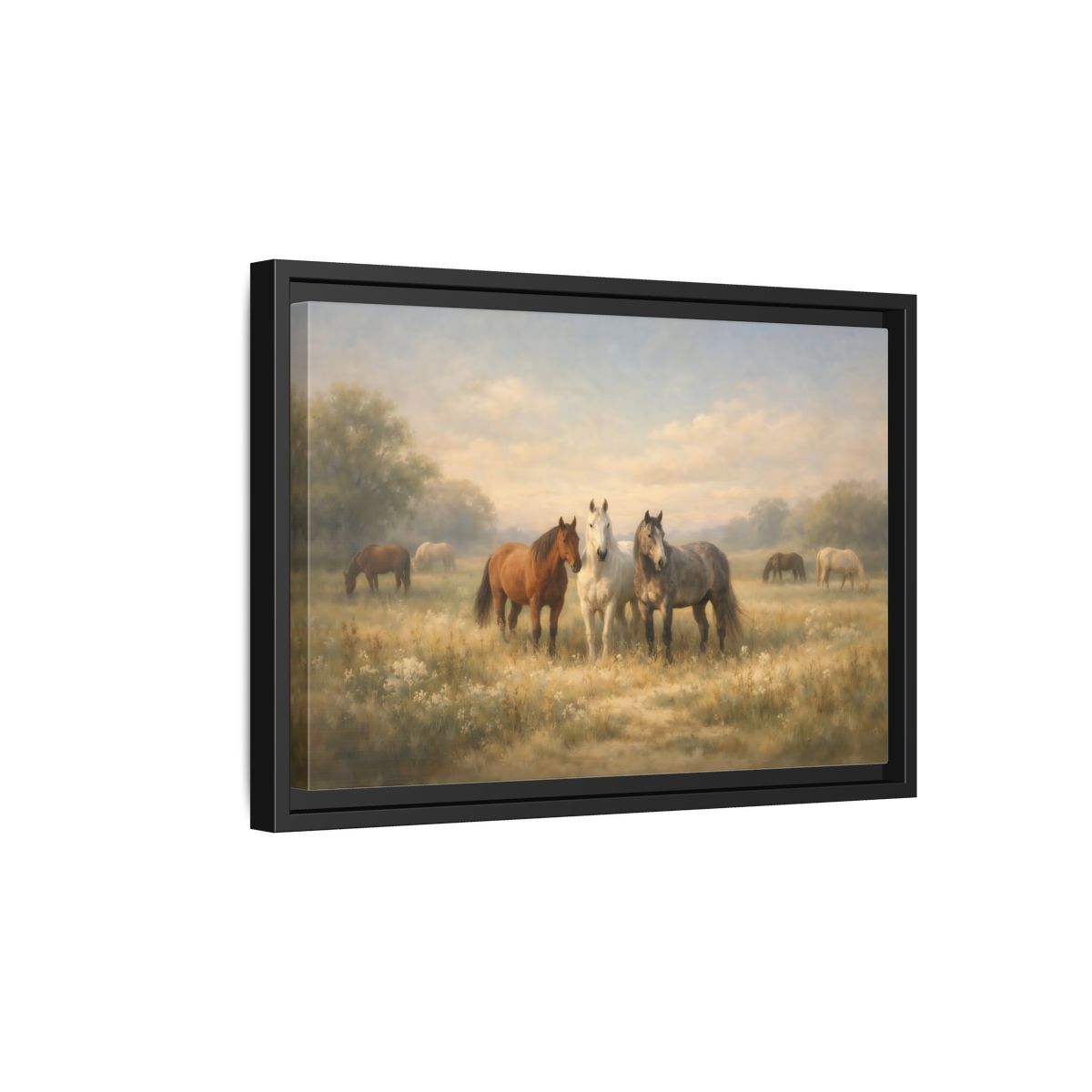 Side Mockup 6. Animals Horses Brown And Grey shown as stretched canvas wall art