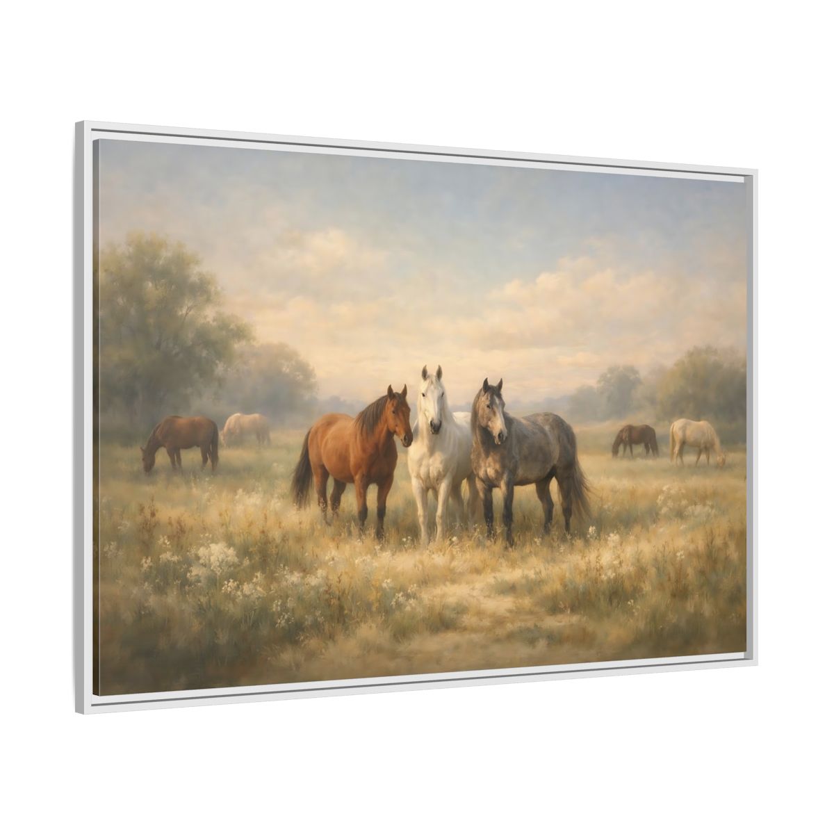 Side Mockup 7. Animals Horses Brown And Grey shown as stretched canvas wall art
