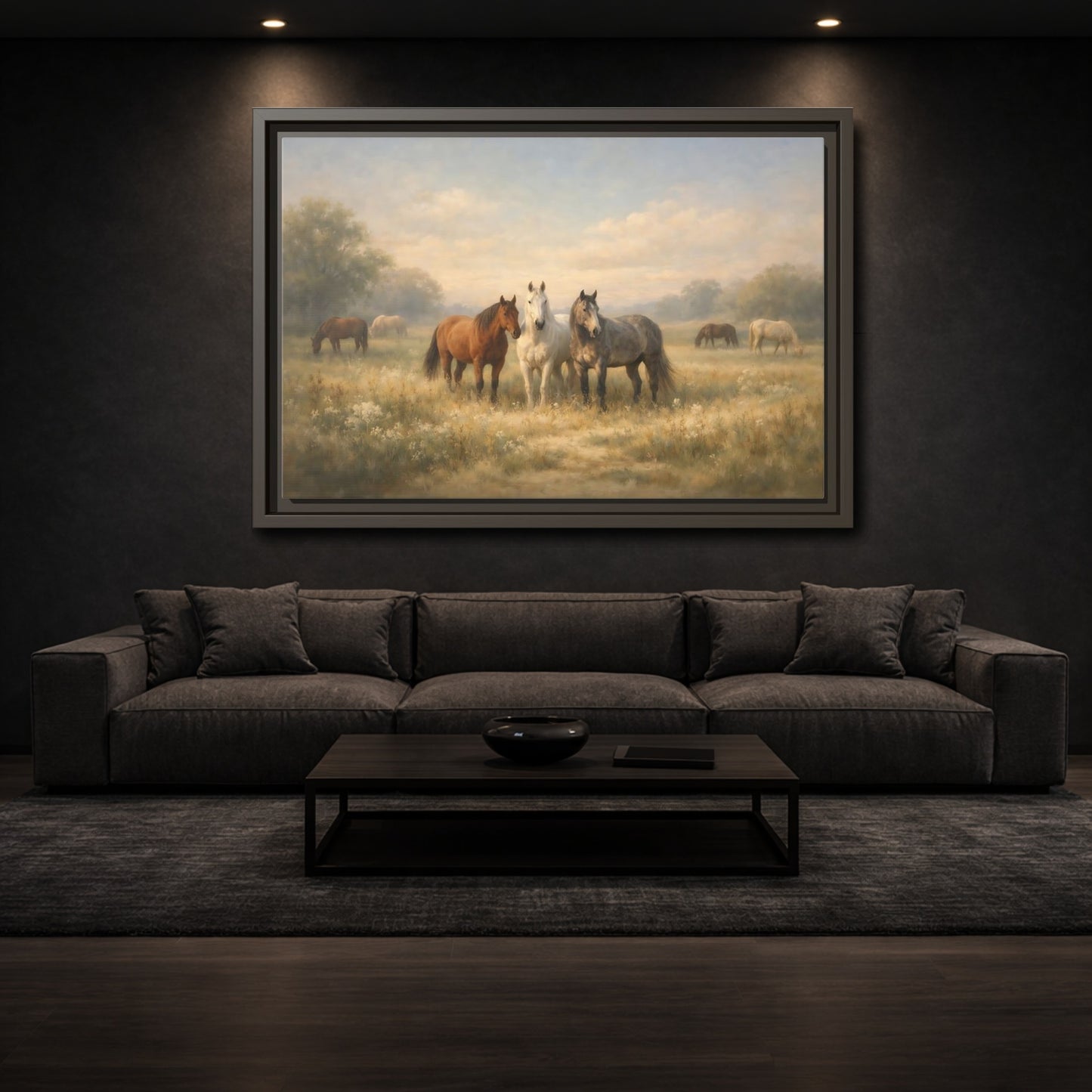 Mockup 2. Animals Horses Brown And Grey shown as stretched canvas wall art