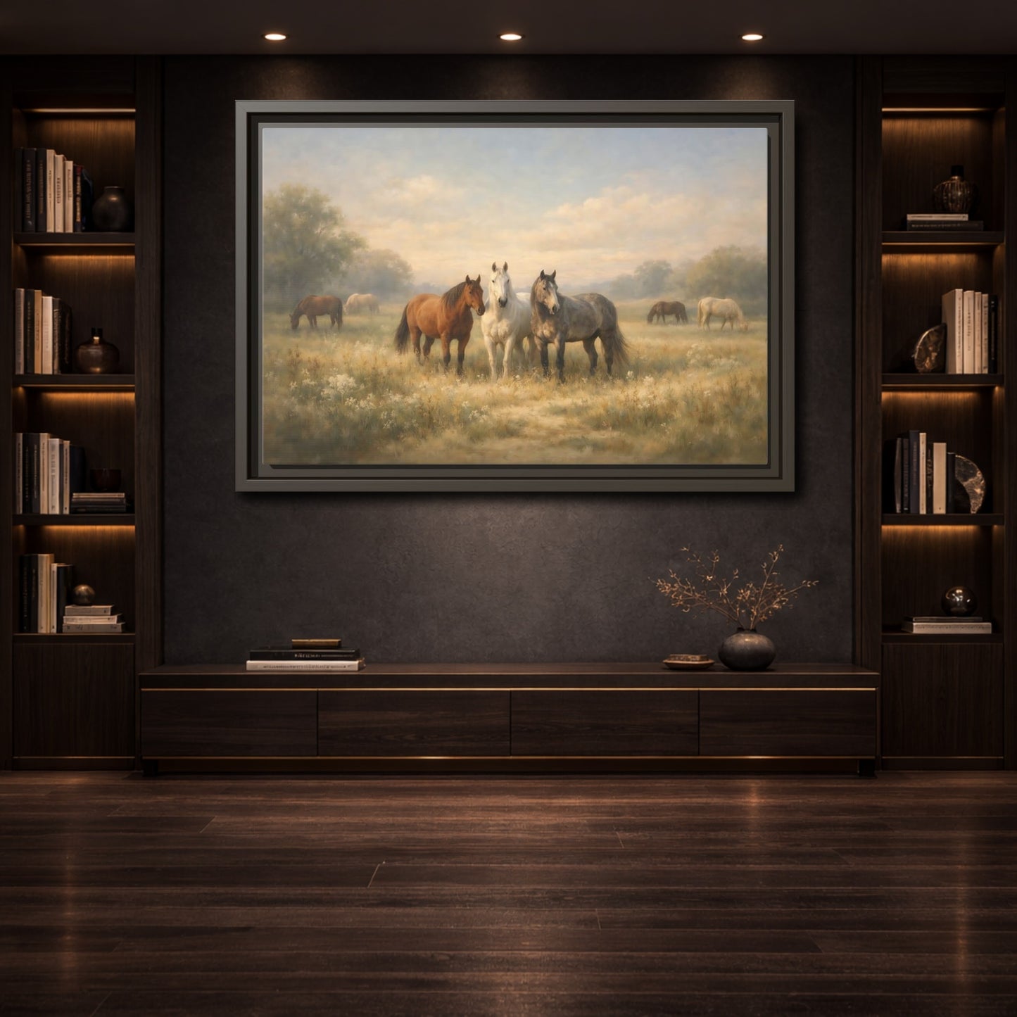 Mockup 3. Animals Horses Brown And Grey shown as stretched canvas wall art