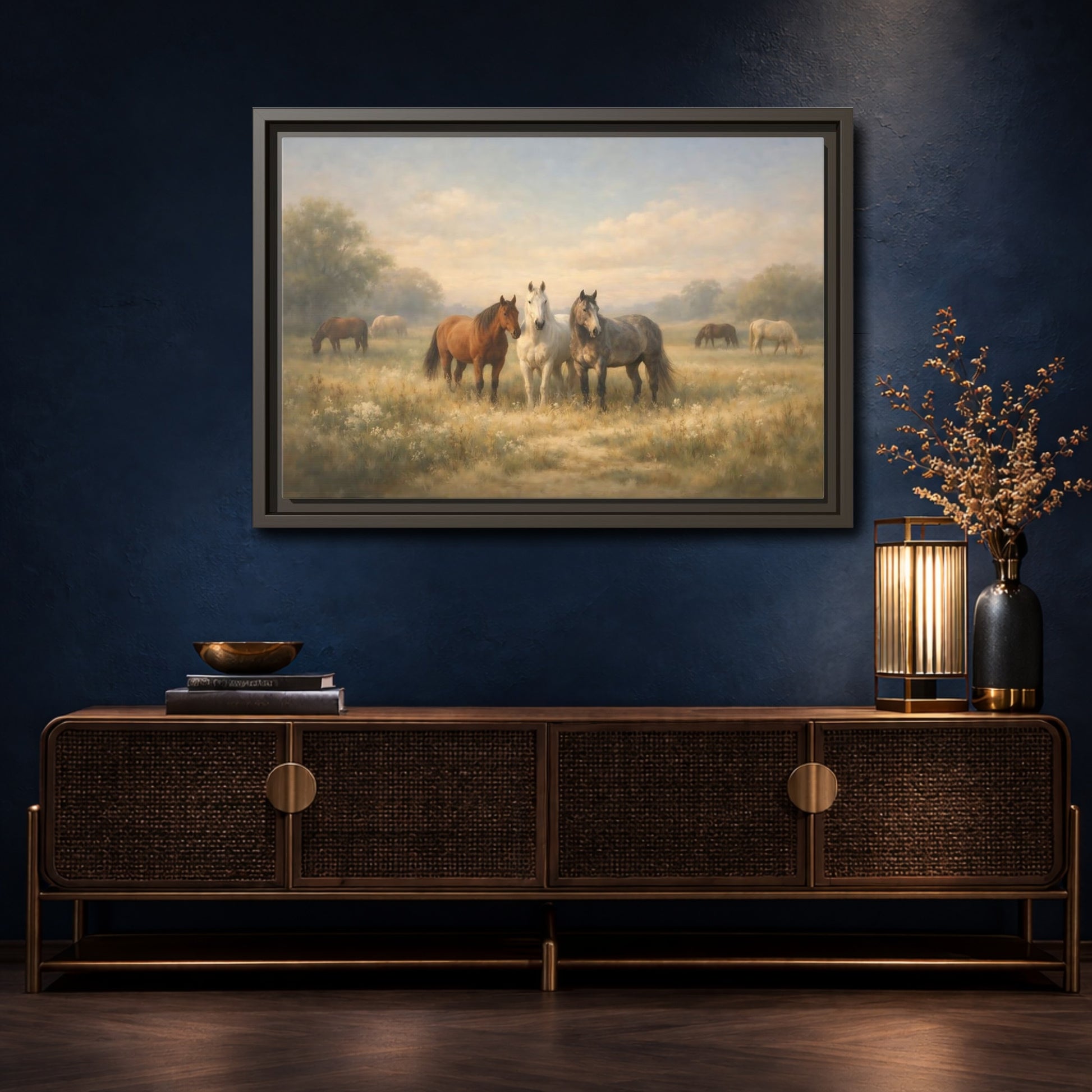 Mockup 4. Animals Horses Brown And Grey shown as stretched canvas wall art