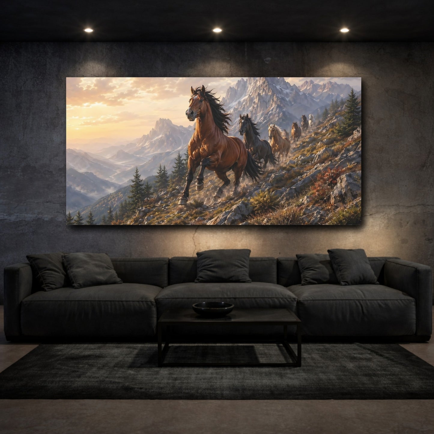 Mockup 2. Animals Horses Brown Horses Mountain shown as stretched canvas wall art