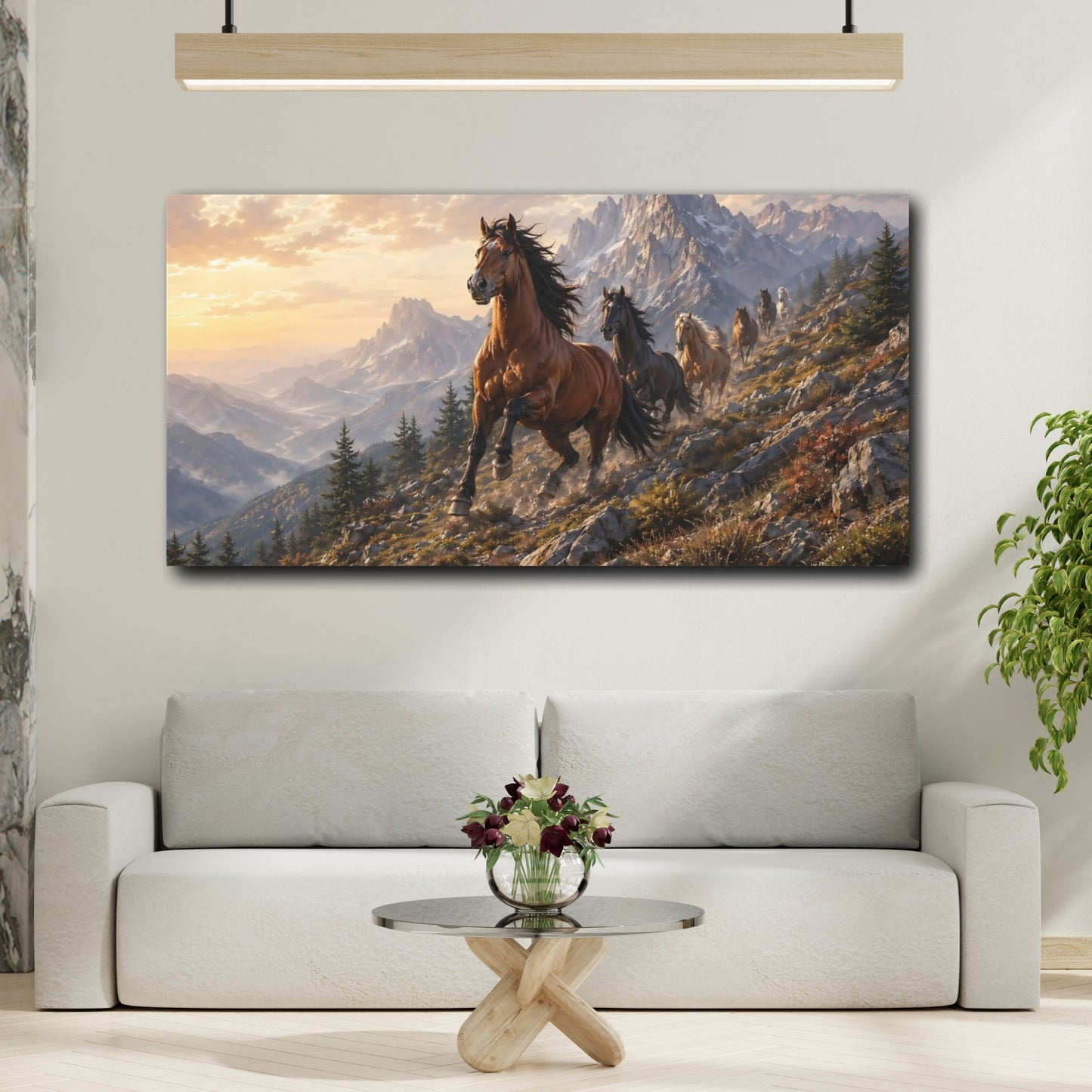 Mockup 3. Animals Horses Brown Horses Mountain shown as stretched canvas wall art