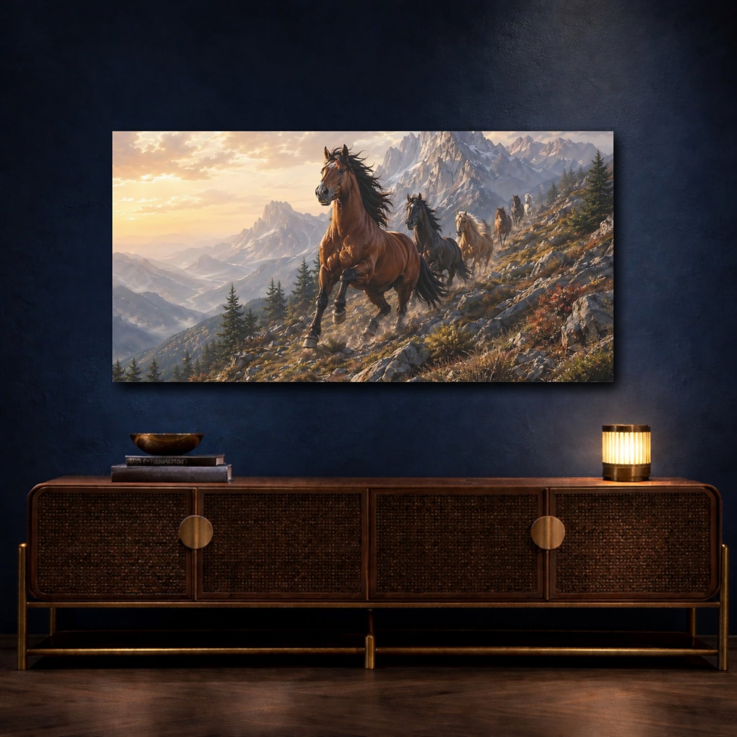 Mockup 4. Animals Horses Brown Horses Mountain shown as stretched canvas wall art
