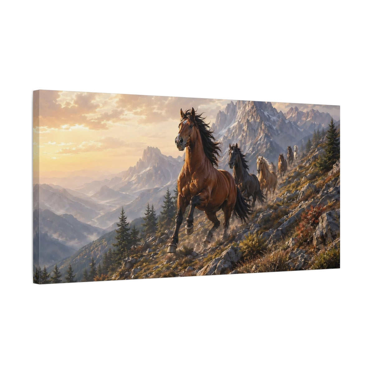 Side Mockup 1. Animals Horses Brown Horses Mountain shown as stretched canvas wall art