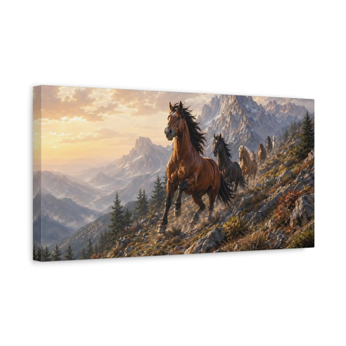 Side Mockup 3. Animals Horses Brown Horses Mountain shown as stretched canvas wall art