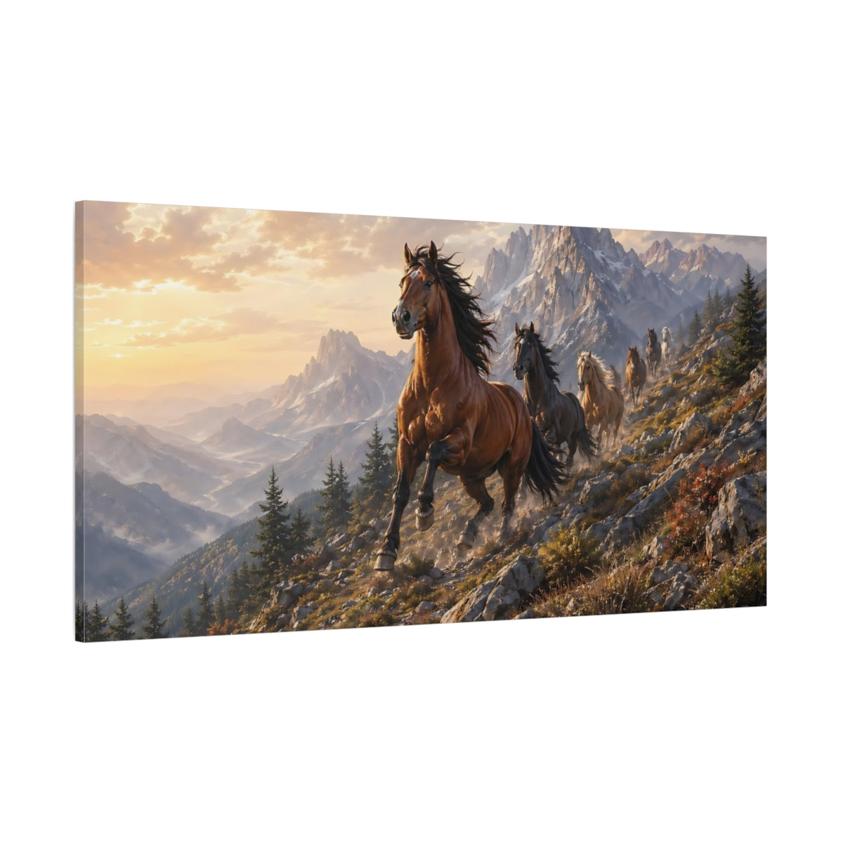 Side Mockup 2. Animals Horses Brown Horses Mountain shown as stretched canvas wall art