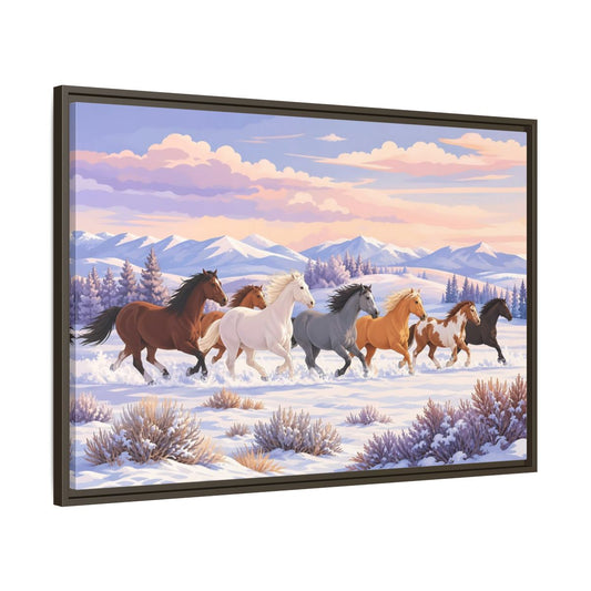 Main Mockup. Animals Horses Colorful Horses Snow shown as stretched canvas wall art