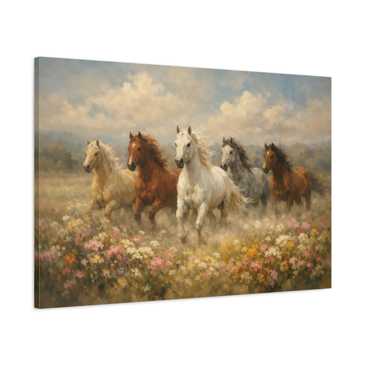 Side Mockup 1. Animals Horses Galloping Horses shown as stretched canvas wall art