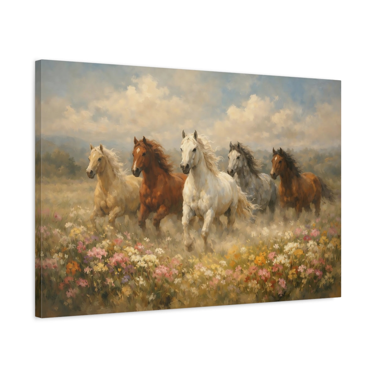 Side Mockup 2. Animals Horses Galloping Horses shown as stretched canvas wall art