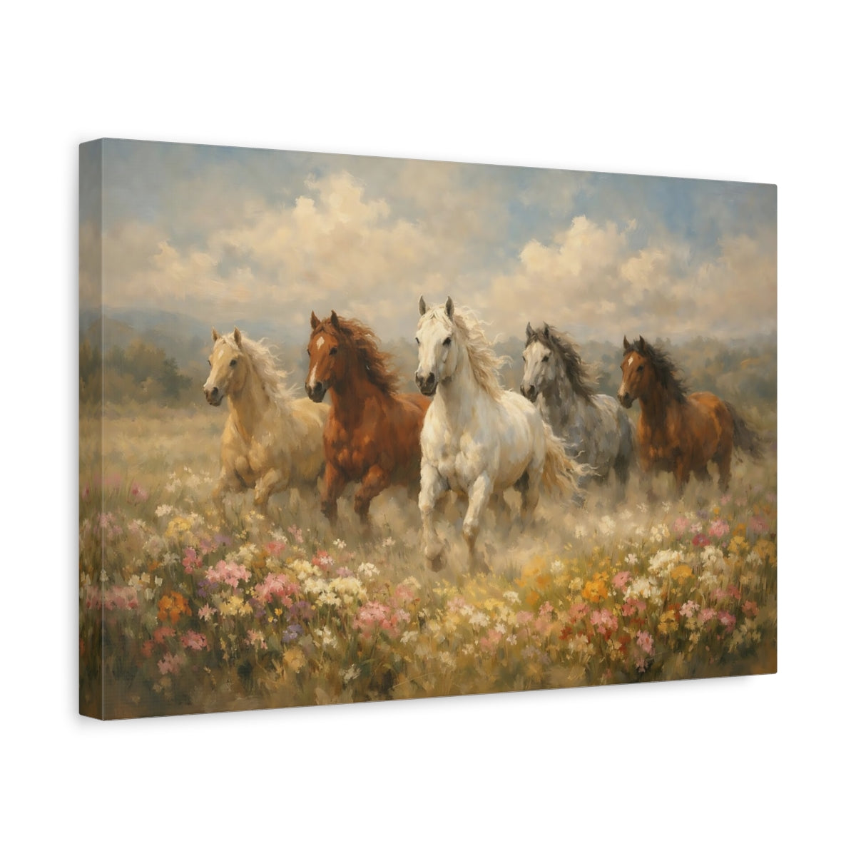 Side Mockup 4. Animals Horses Galloping Horses shown as stretched canvas wall art