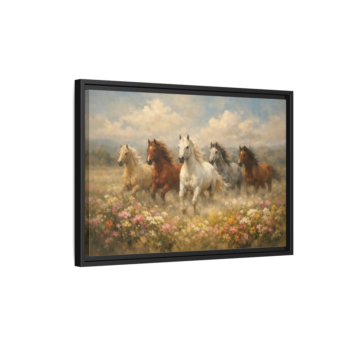 Side Mockup 3. Animals Horses Galloping Horses shown as stretched canvas wall art