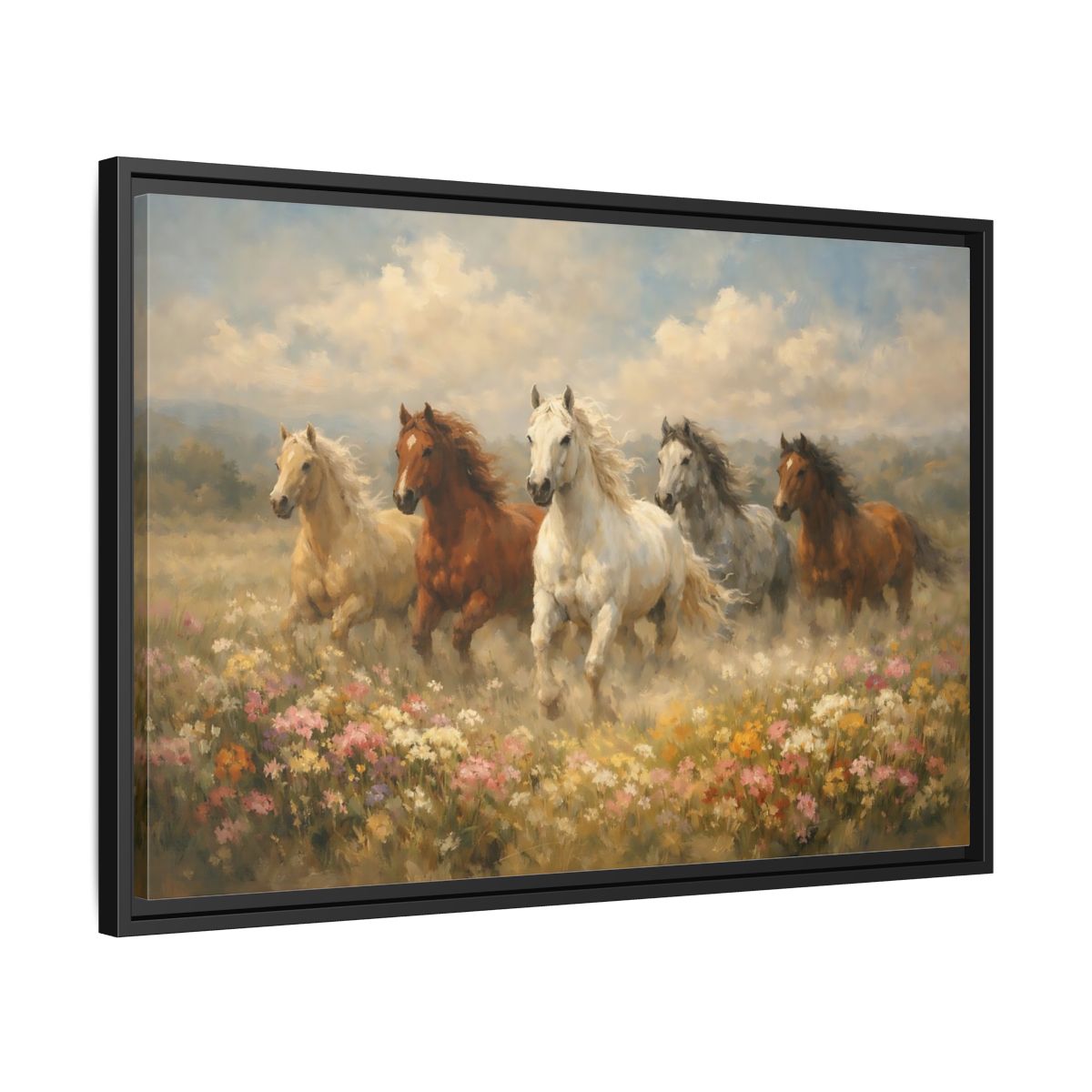 Side Mockup 14. Animals Horses Galloping Horses shown as stretched canvas wall art