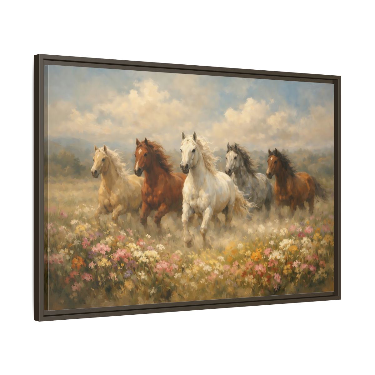 Side Mockup 9. Animals Horses Galloping Horses shown as stretched canvas wall art