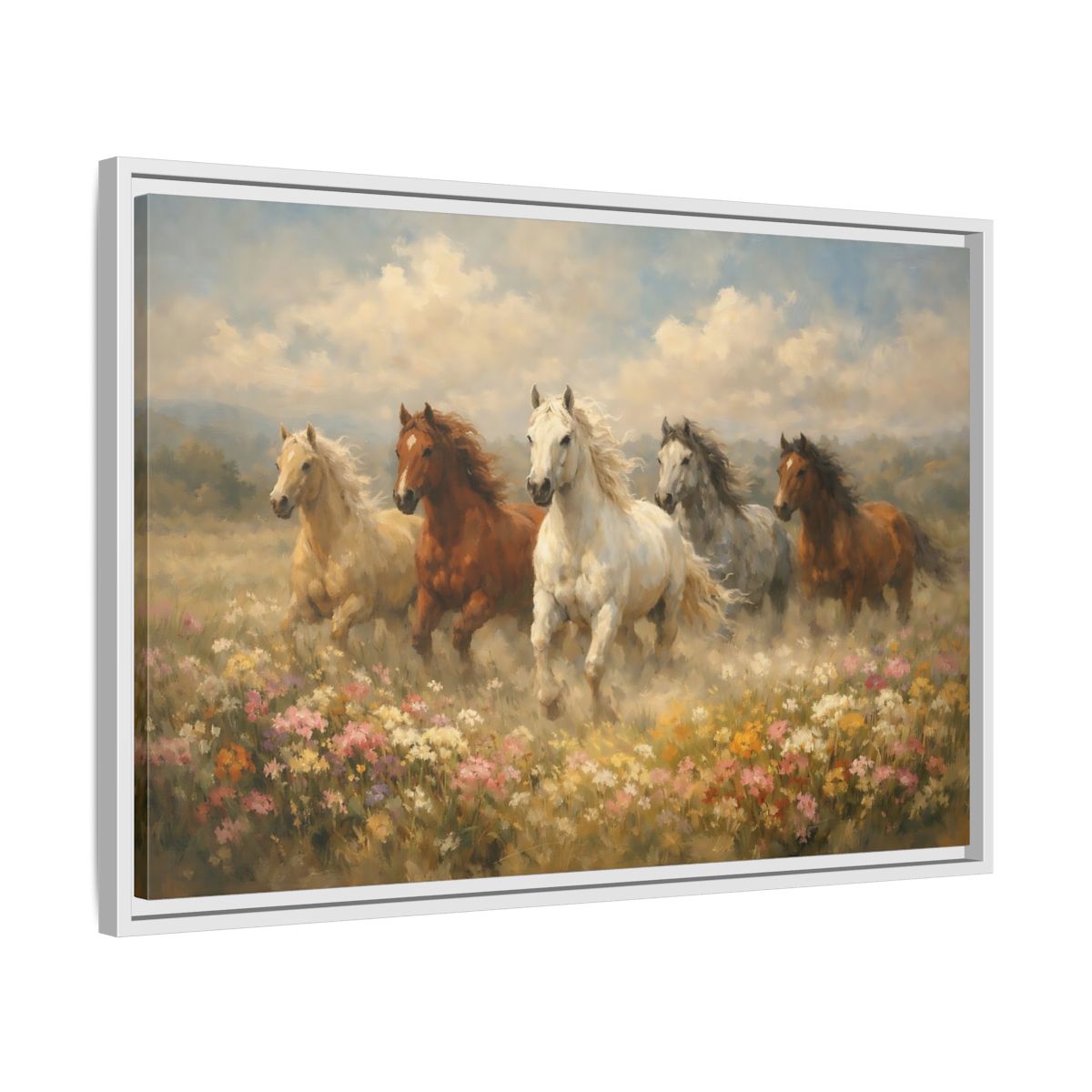 Side Mockup 10. Animals Horses Galloping Horses shown as stretched canvas wall art