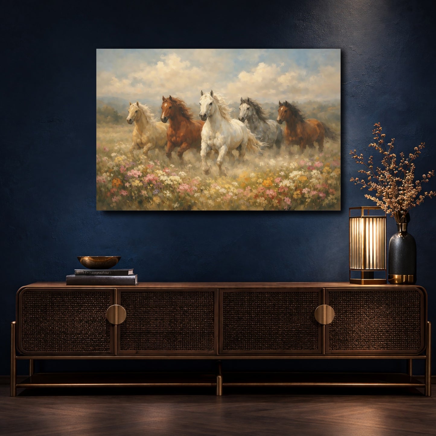 Mockup 4. Animals Horses Galloping Horses shown as stretched canvas wall art