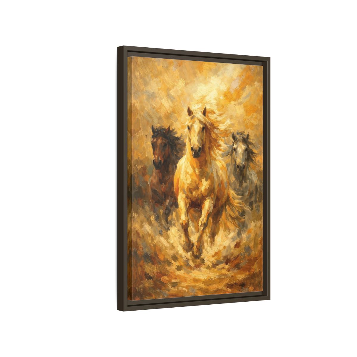 Side Mockup 2. Animals Horses Golden Horses shown as stretched canvas wall art