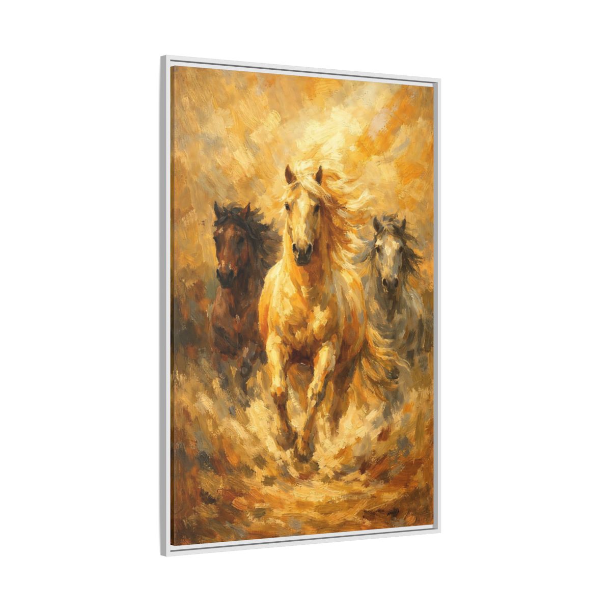 Side Mockup 7. Animals Horses Golden Horses shown as stretched canvas wall art