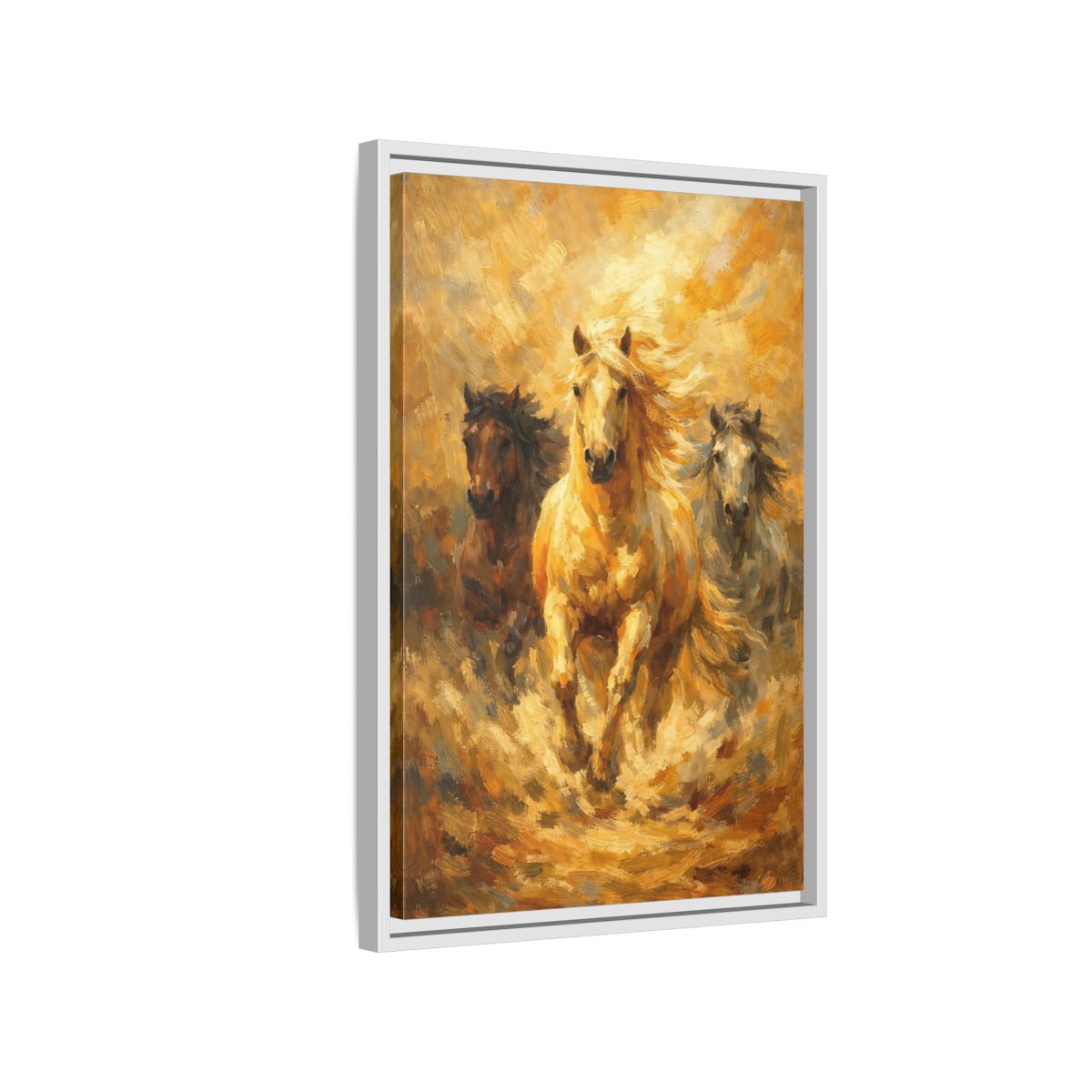 Side Mockup 1. Animals Horses Golden Horses shown as stretched canvas wall art