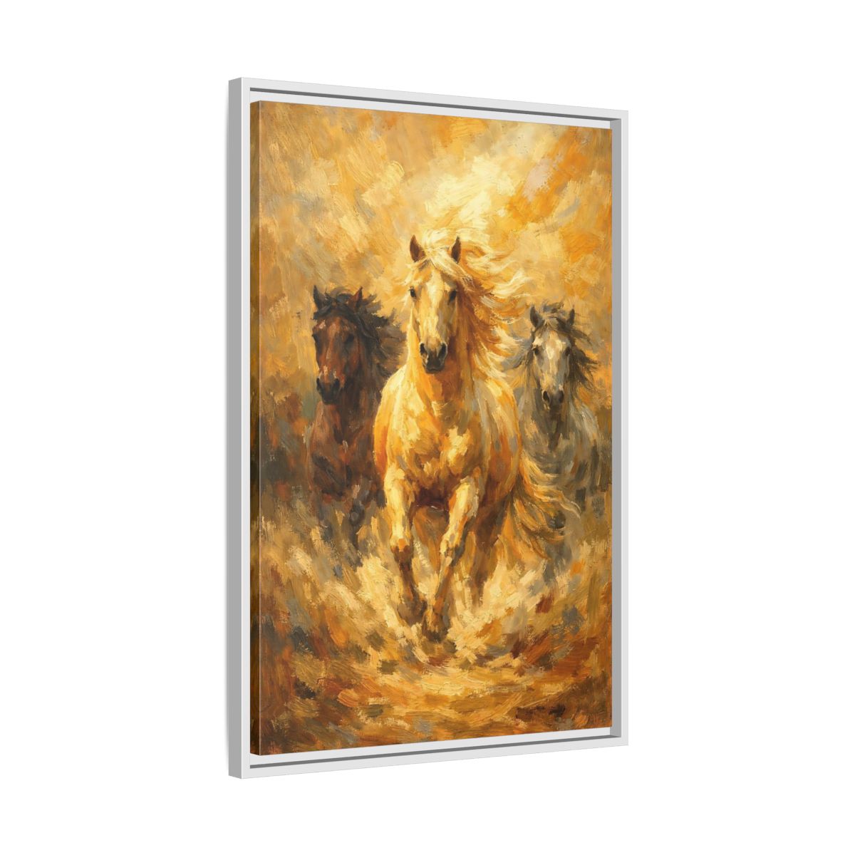 Side Mockup 11. Animals Horses Golden Horses shown as stretched canvas wall art