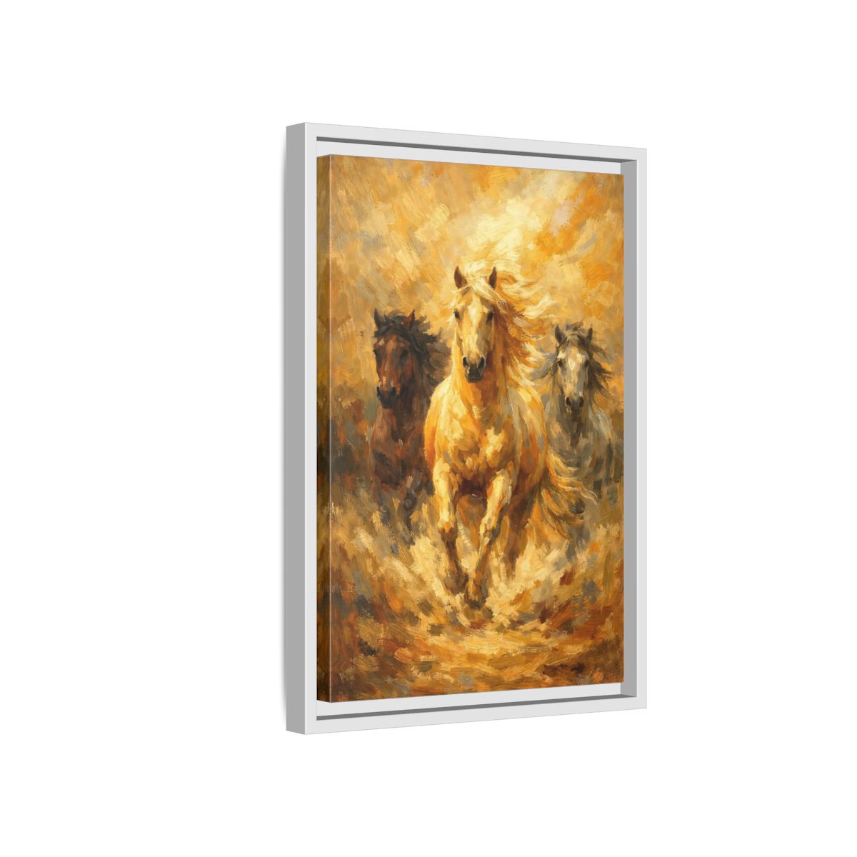 Side Mockup 4. Animals Horses Golden Horses shown as stretched canvas wall art