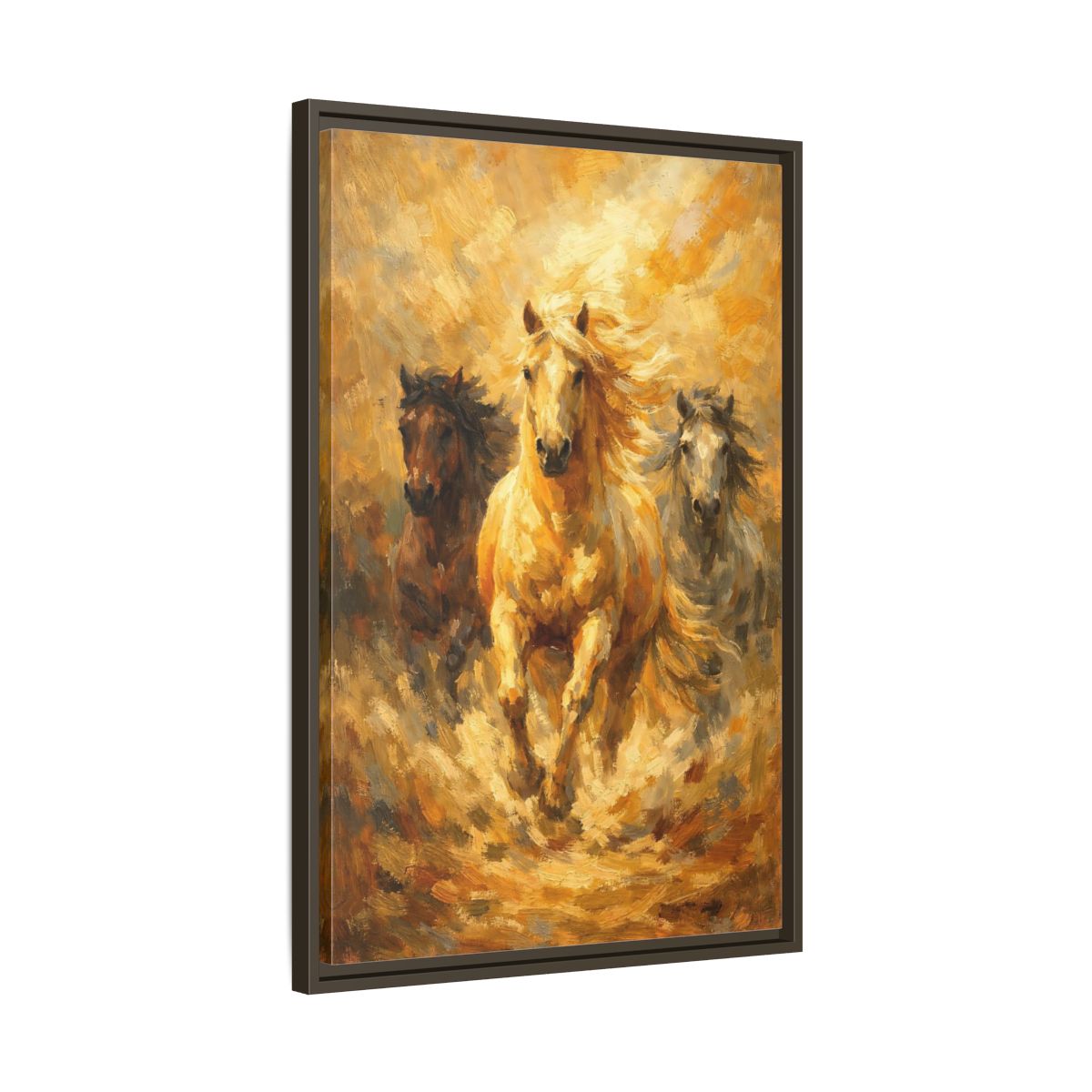 Side Mockup 12. Animals Horses Golden Horses shown as stretched canvas wall art