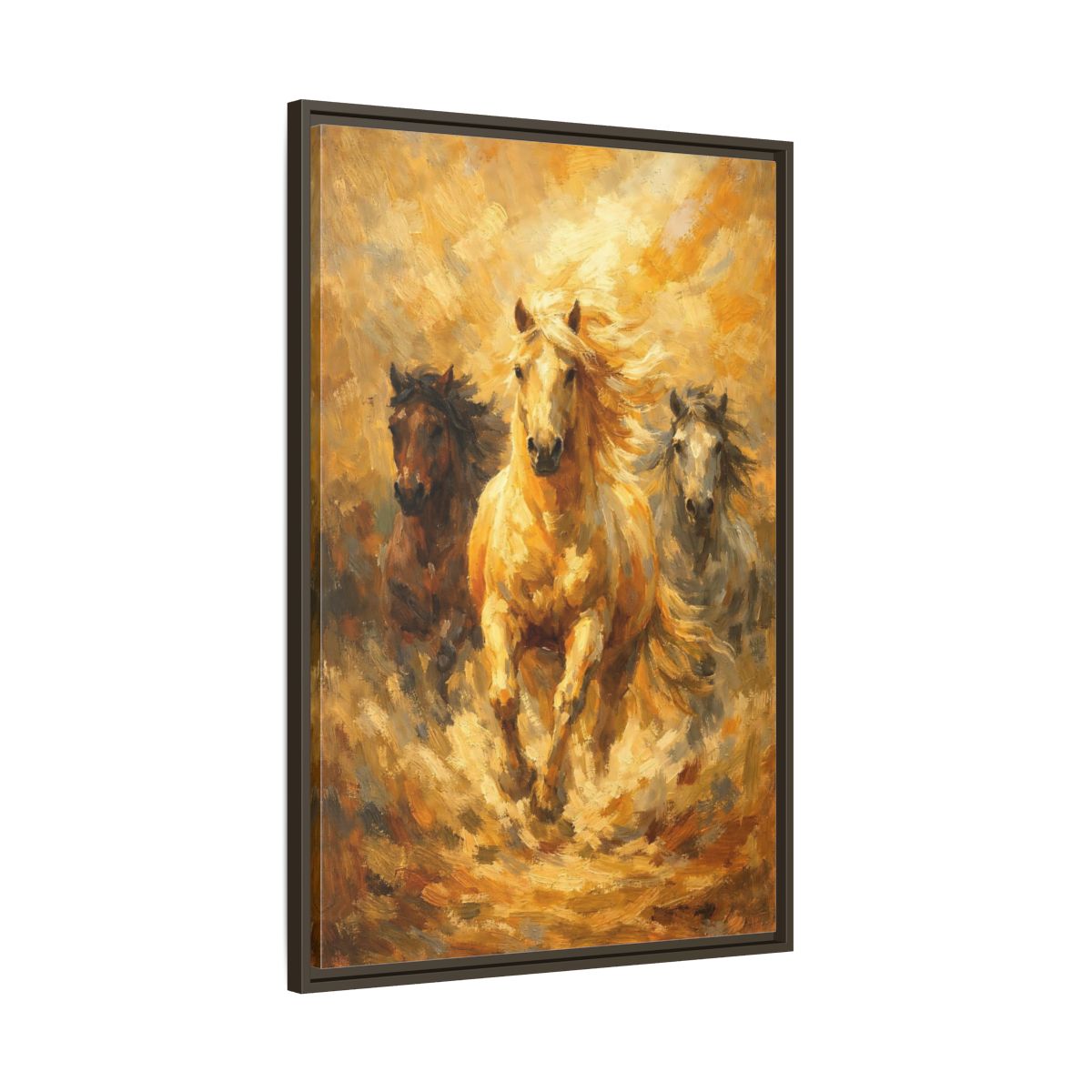 Side Mockup 10. Animals Horses Golden Horses shown as stretched canvas wall art