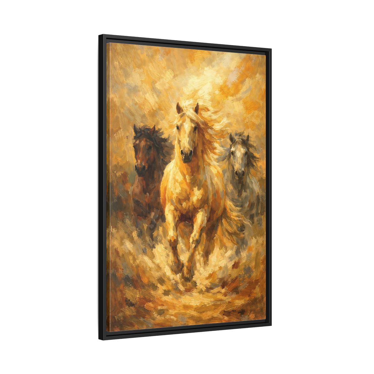 Side Mockup 13. Animals Horses Golden Horses shown as stretched canvas wall art