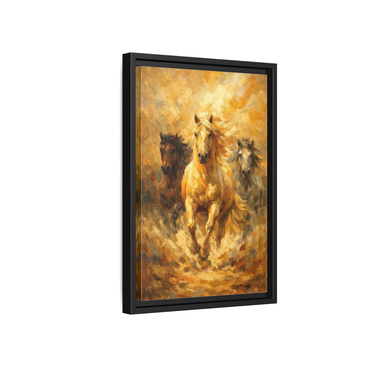 Side Mockup 6. Animals Horses Golden Horses shown as stretched canvas wall art