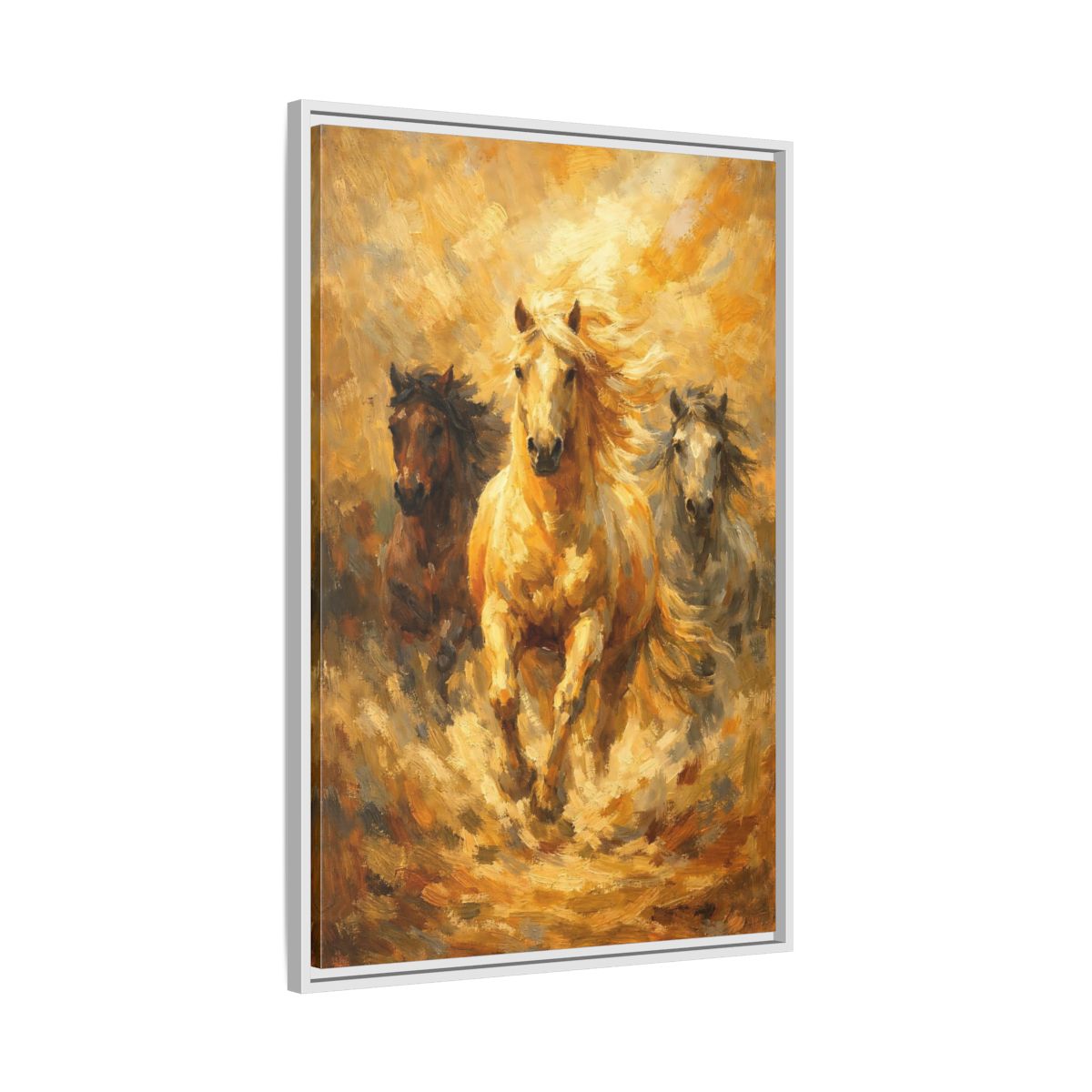 Side Mockup 9. Animals Horses Golden Horses shown as stretched canvas wall art