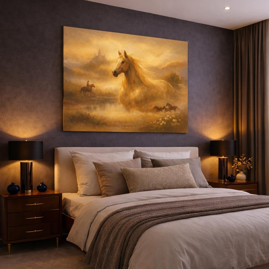 Animals Horses Golden Horse Landscape shown as canvas wall art in a luxury bedroom