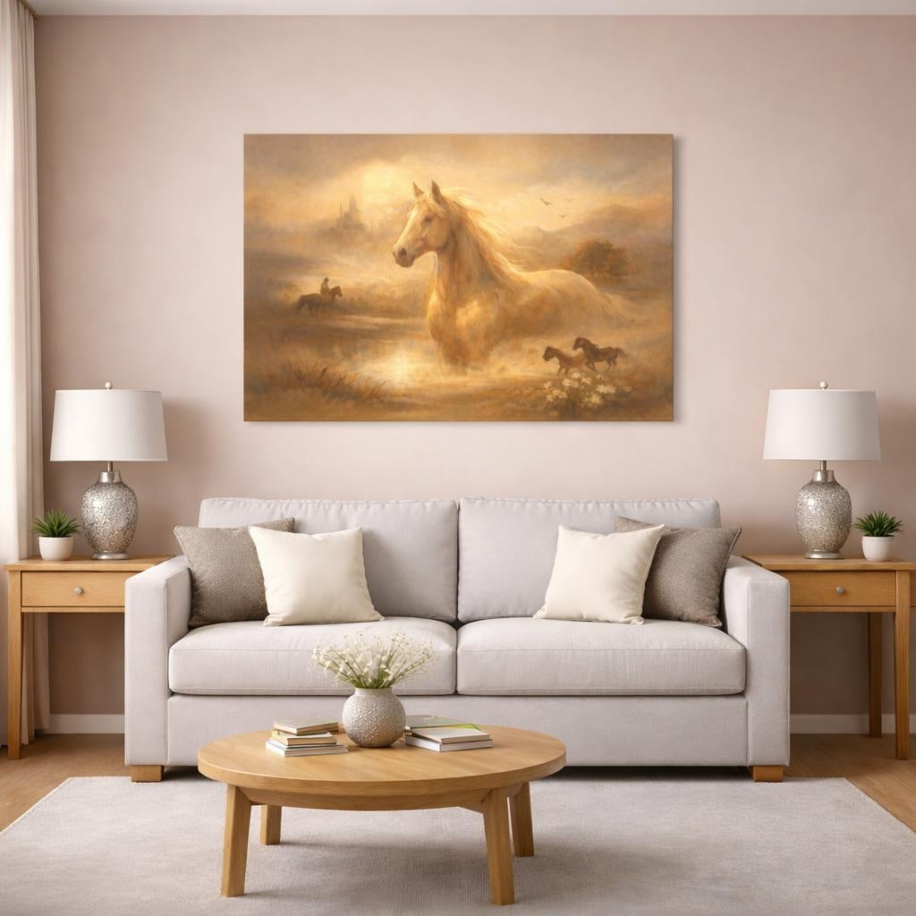 Animals Horses Golden Horse Landscape shown as canvas wall art in a modern living room