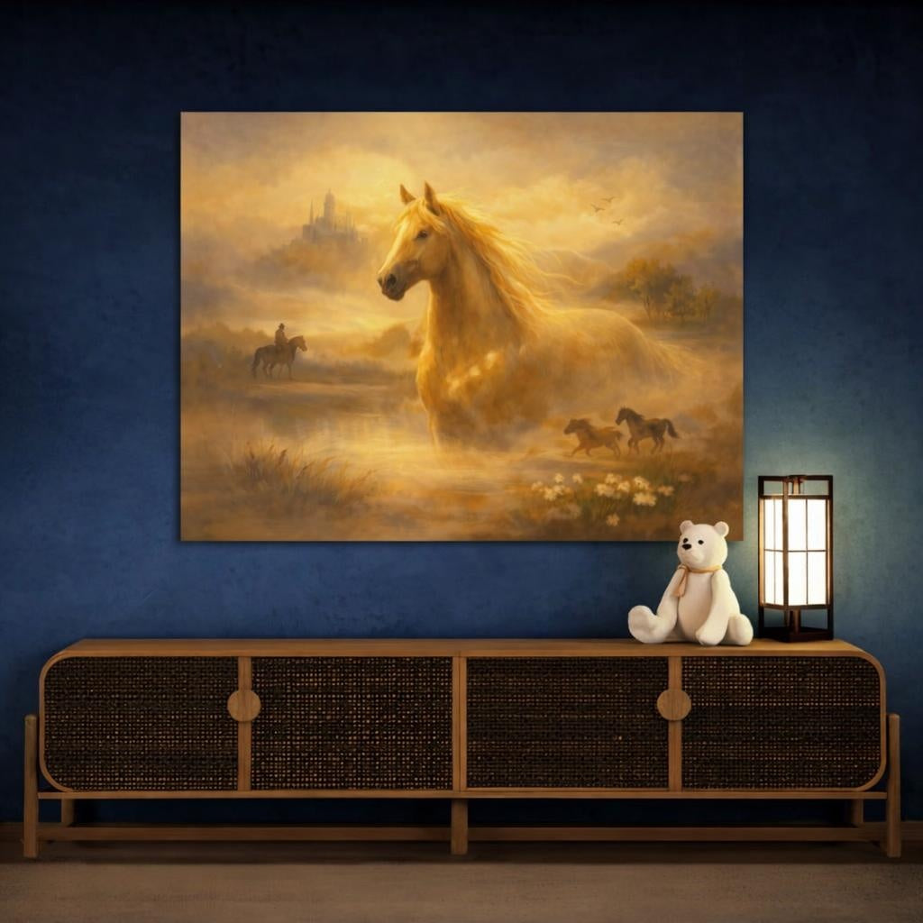 Animals Horses Golden Horse Landscape shown as canvas wall art in a sophisticated contemporary living space