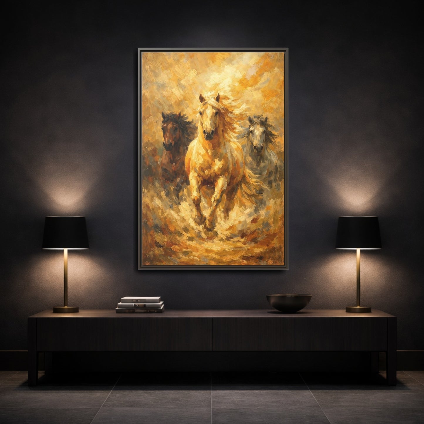 Mockup 2. Animals Horses Golden Horses shown as stretched canvas wall art