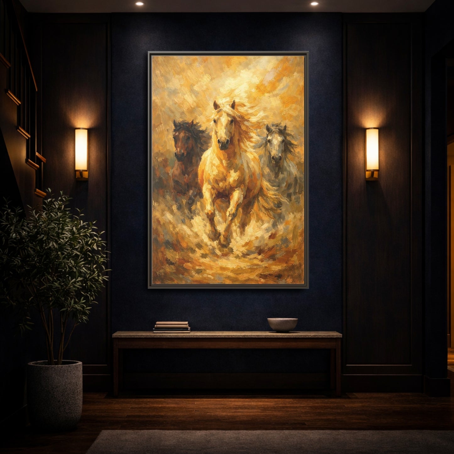 Mockup 3. Animals Horses Golden Horses shown as stretched canvas wall art
