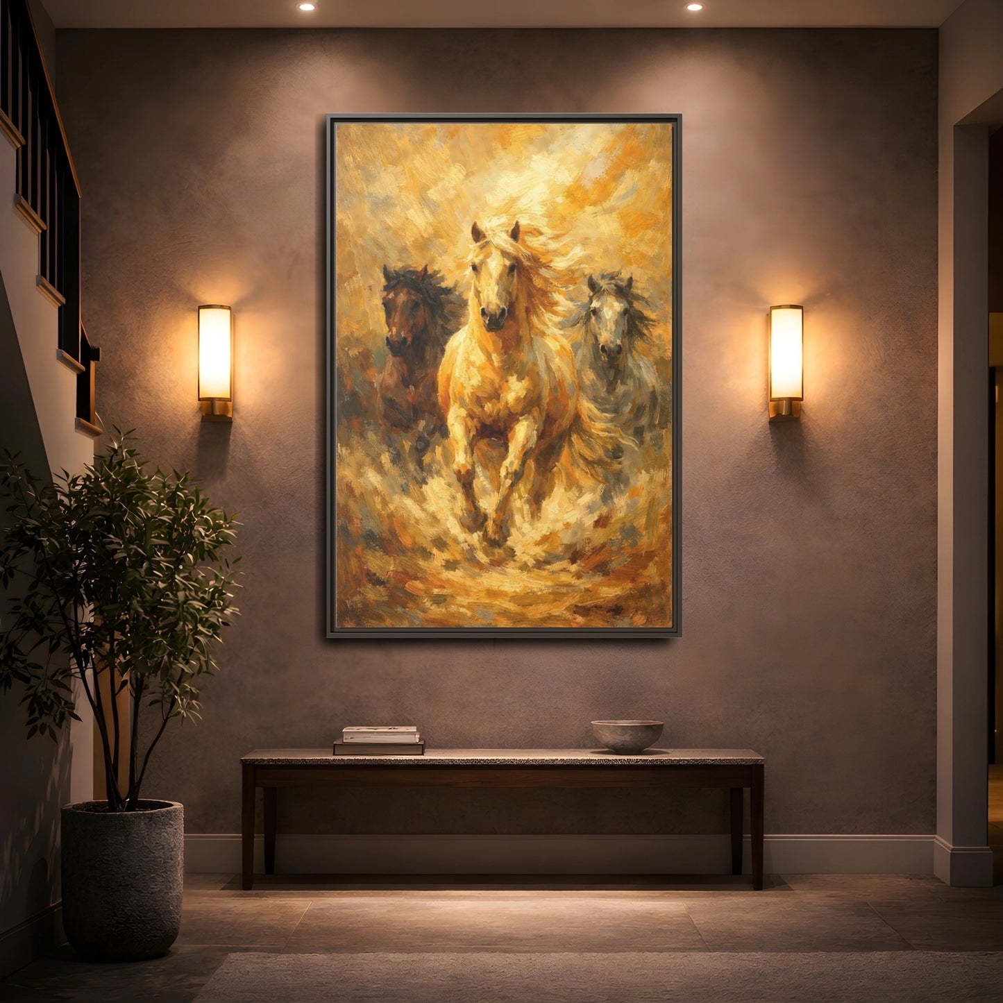 Mockup 4. Animals Horses Golden Horses shown as stretched canvas wall art