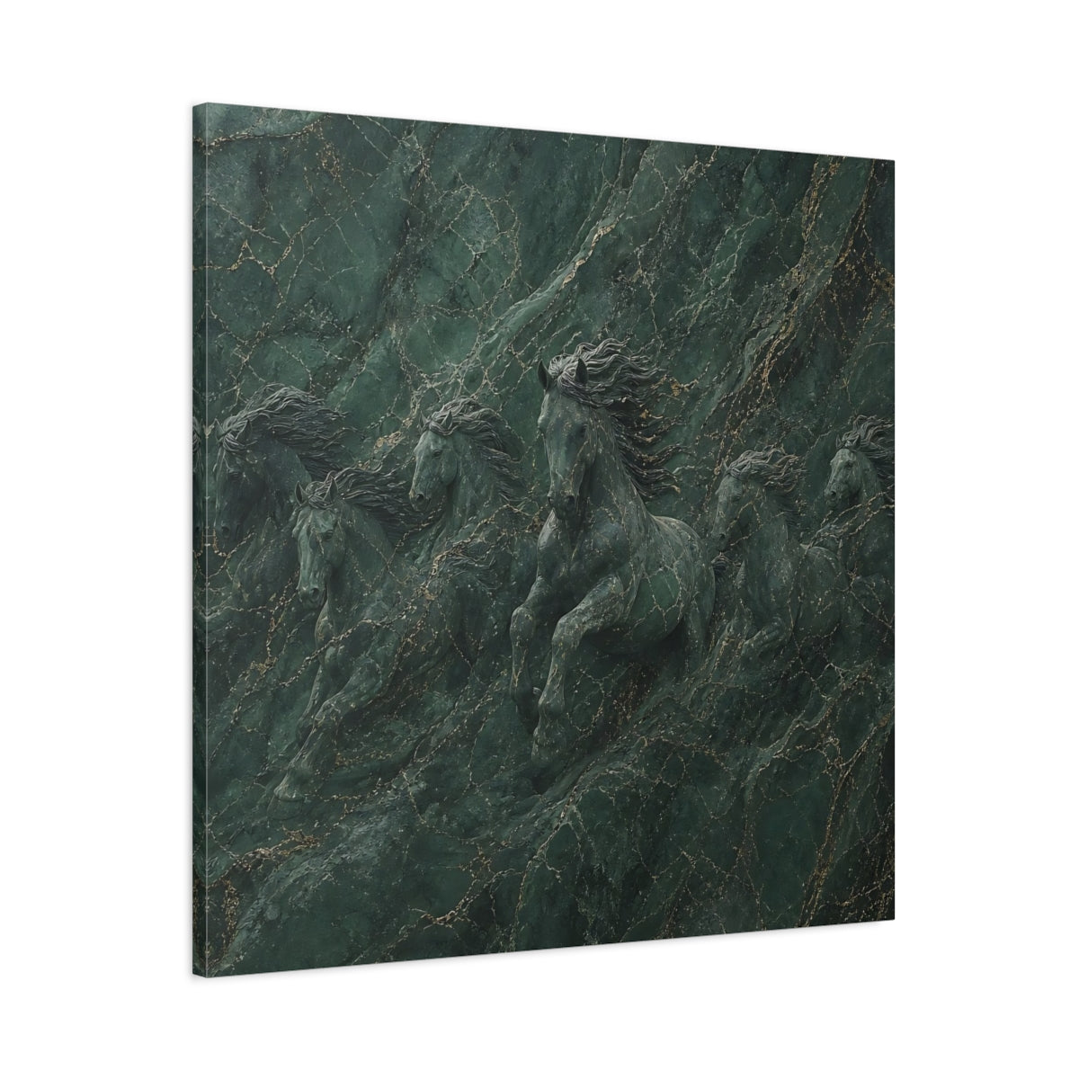 Main Mockup. Animals Horses Green And Gold shown as stretched canvas wall art