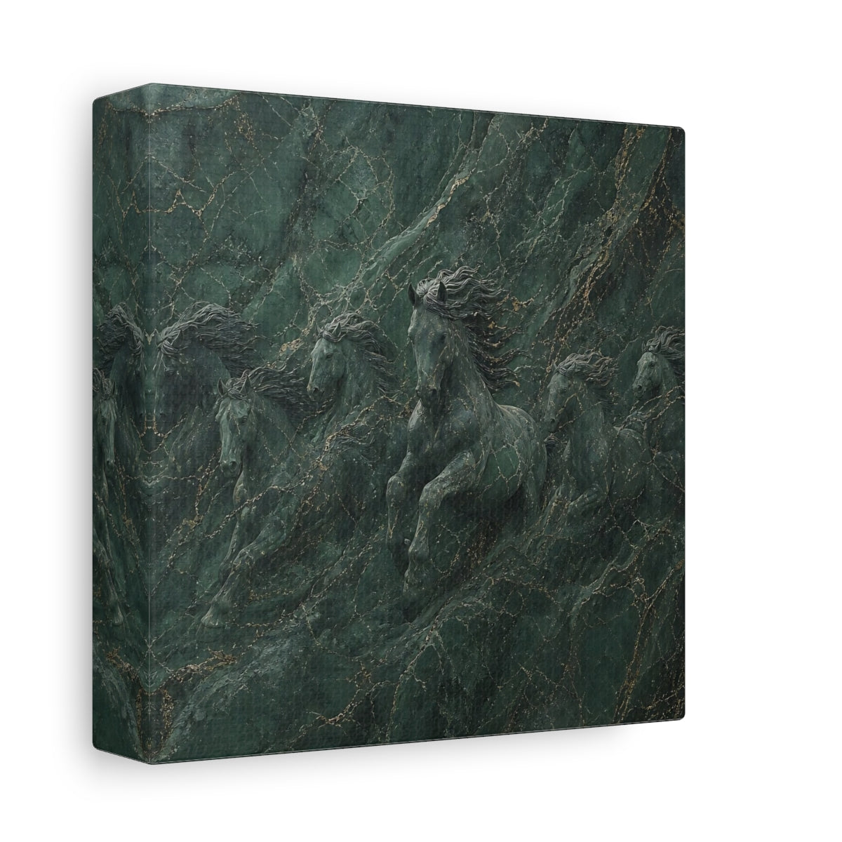 Side Mockup 2. Animals Horses Green And Gold shown as stretched canvas wall art