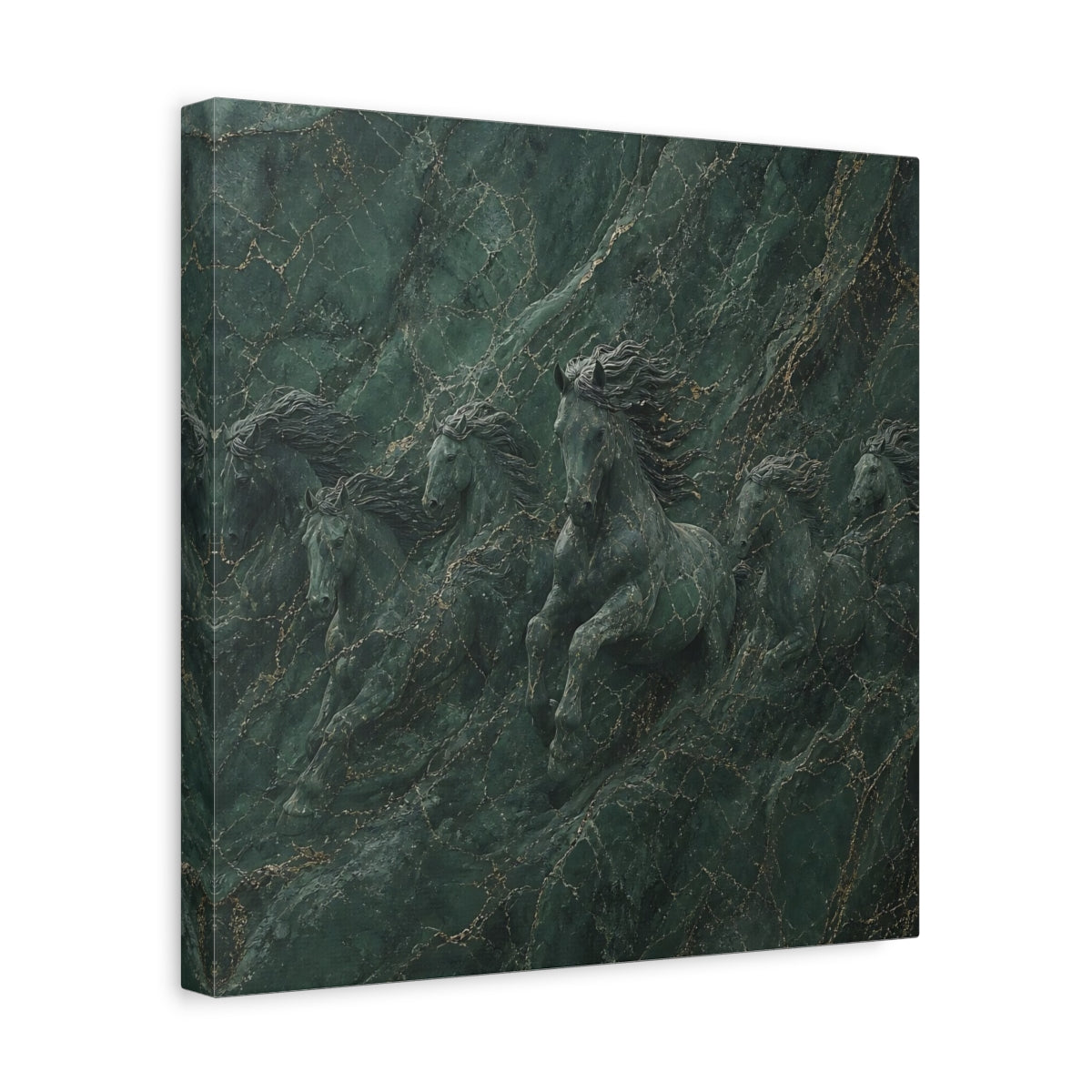 Side Mockup 7. Animals Horses Green And Gold shown as stretched canvas wall art